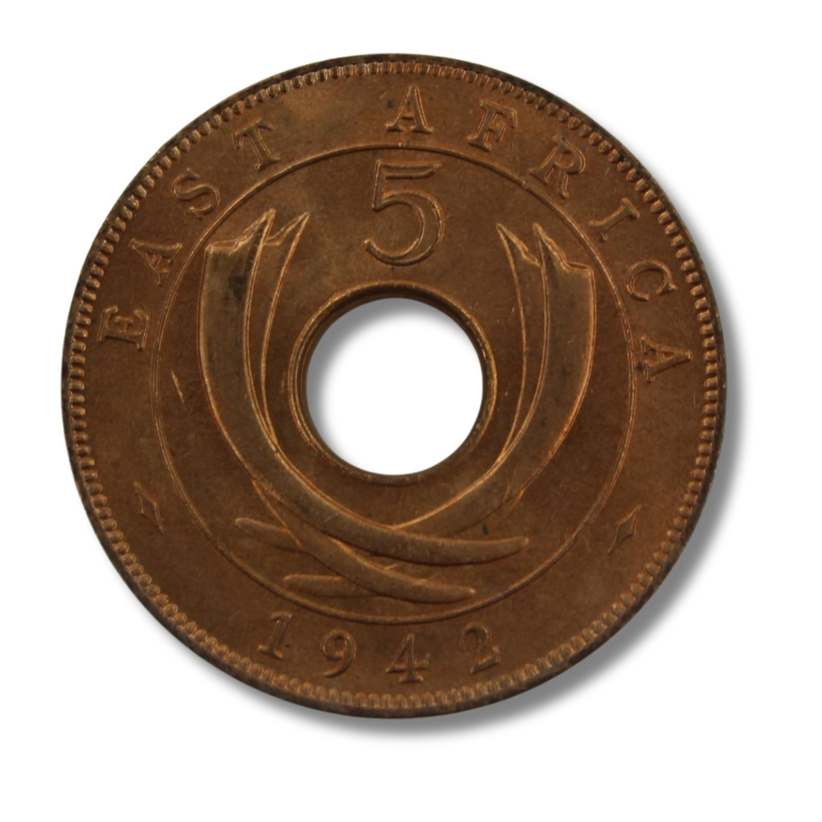 East Africa (British) 1942 Five Cent, Gem: Highest grades NGC MS65 RD & PCGS MS64 RB Condition Virtually Full Red Medium Coins, Monies & Stamps