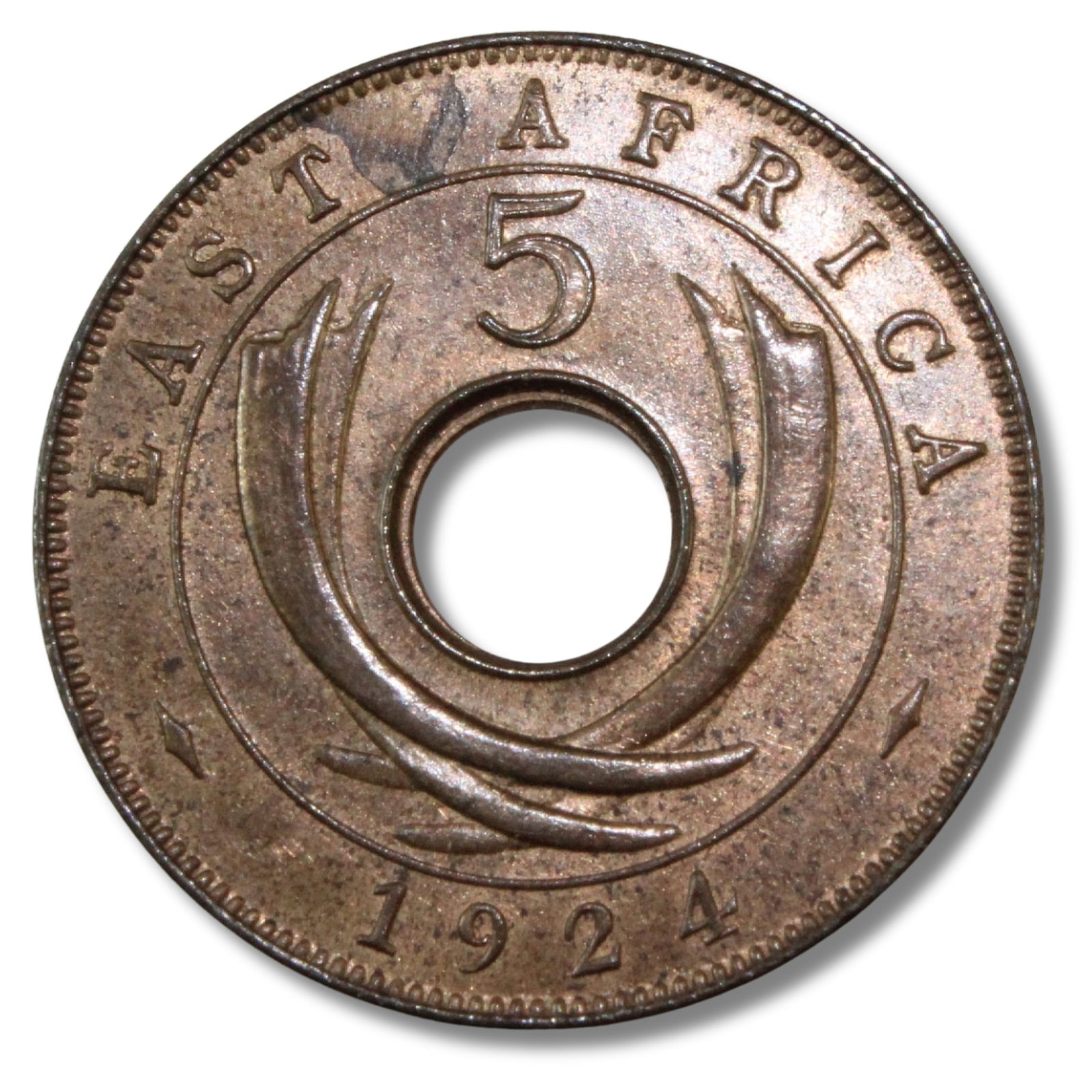 East Africa (British) 1924 (L) Five Cent, Choice Uncirculated: Highest graded NGC MS63 RB & PCGS None. A superior grade Condition Lustrous. Small stain on obverse & partial fingerprint on reverse Medium Coins, Monies & Stamps Provenance Ex R.J. Ford Collection &