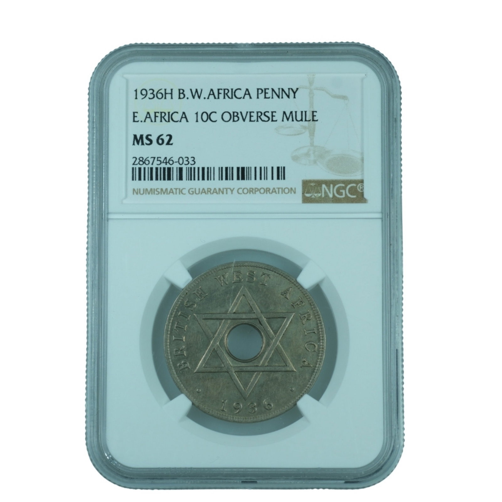 British West Africa 1936 H 'Edward VIII' Penny 'muled' with 'British East Africa Reverse', NGC MS62: Highest graded NGC MS65 & PCGS MS64 Medium Coins, Monies & Stamps Literature NGC VF details sold USD $1,100 (1/16) and NGC genuine sold USD $1,293 (10/16) Exhibited Coins, UK
