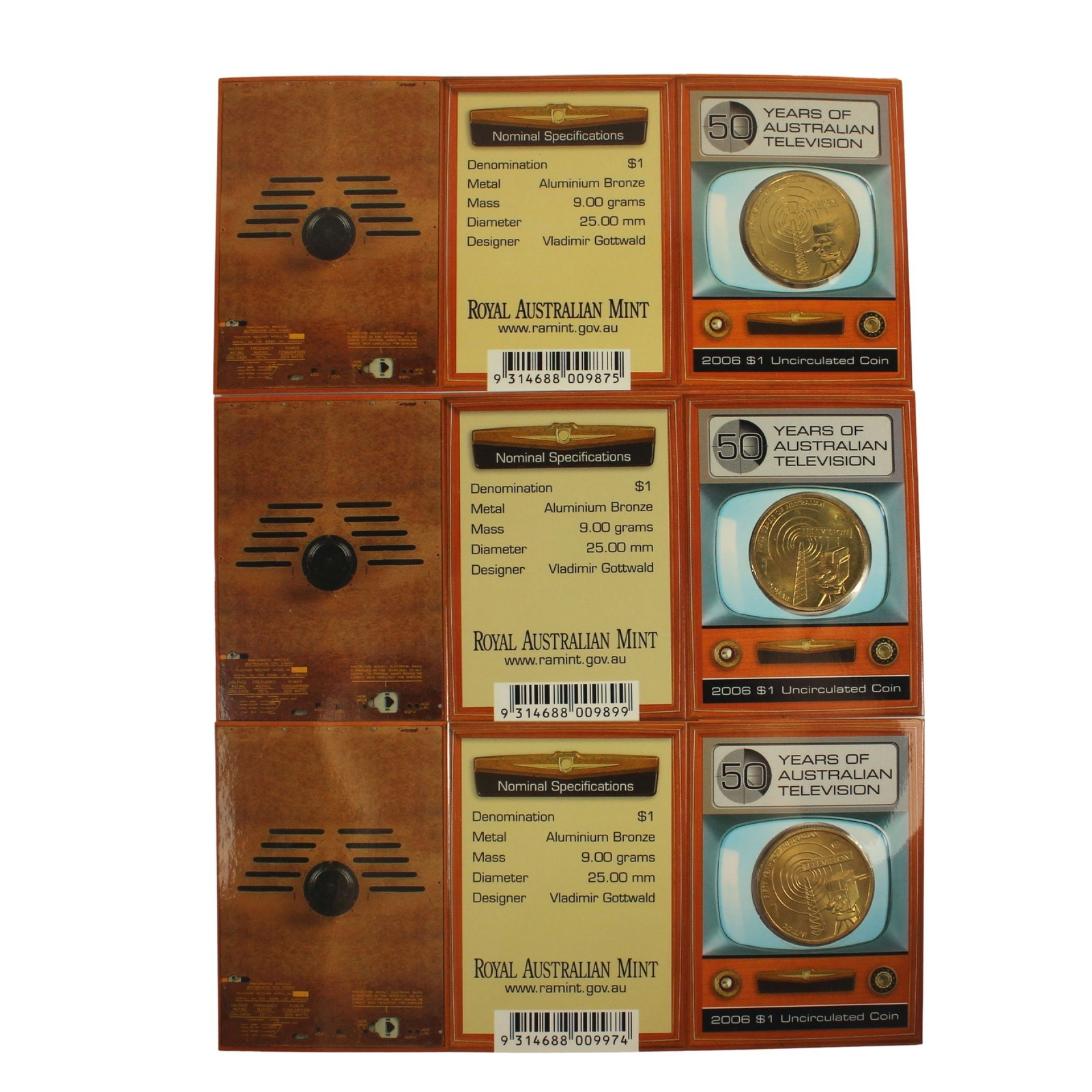 Australia 2006 '50 Years of Television' $1's, Uncirculated (3 coins) (1 of 4)