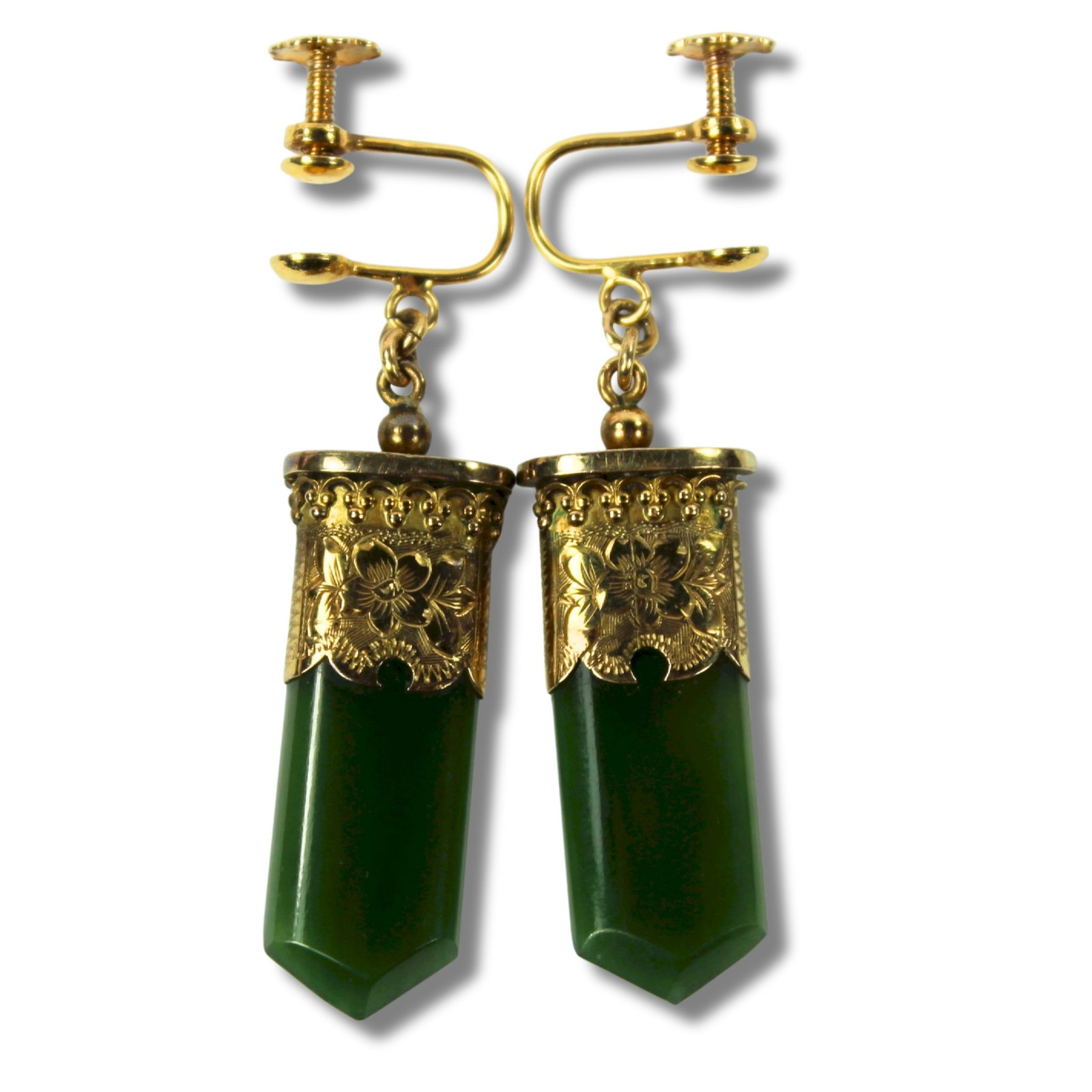 Nephrite Jade Screw-back Drop Earrings in 9ct Yellow Gold Column Mounts (Pair): Exquisite Size Combined weight 5.95gms. Hangs 4cms Medium Earrings Exhibited Jade