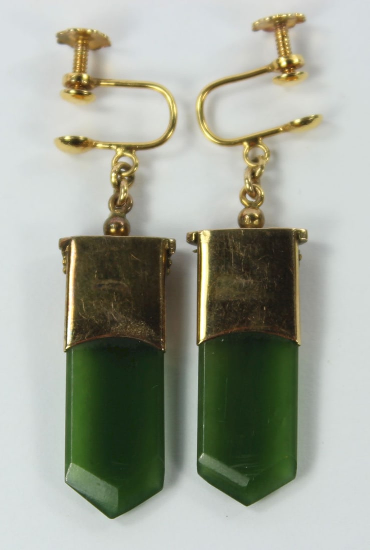Nephrite Jade Screw-back Drop Earrings in 9ct Yellow Gold Column Mounts (Pair) - 2