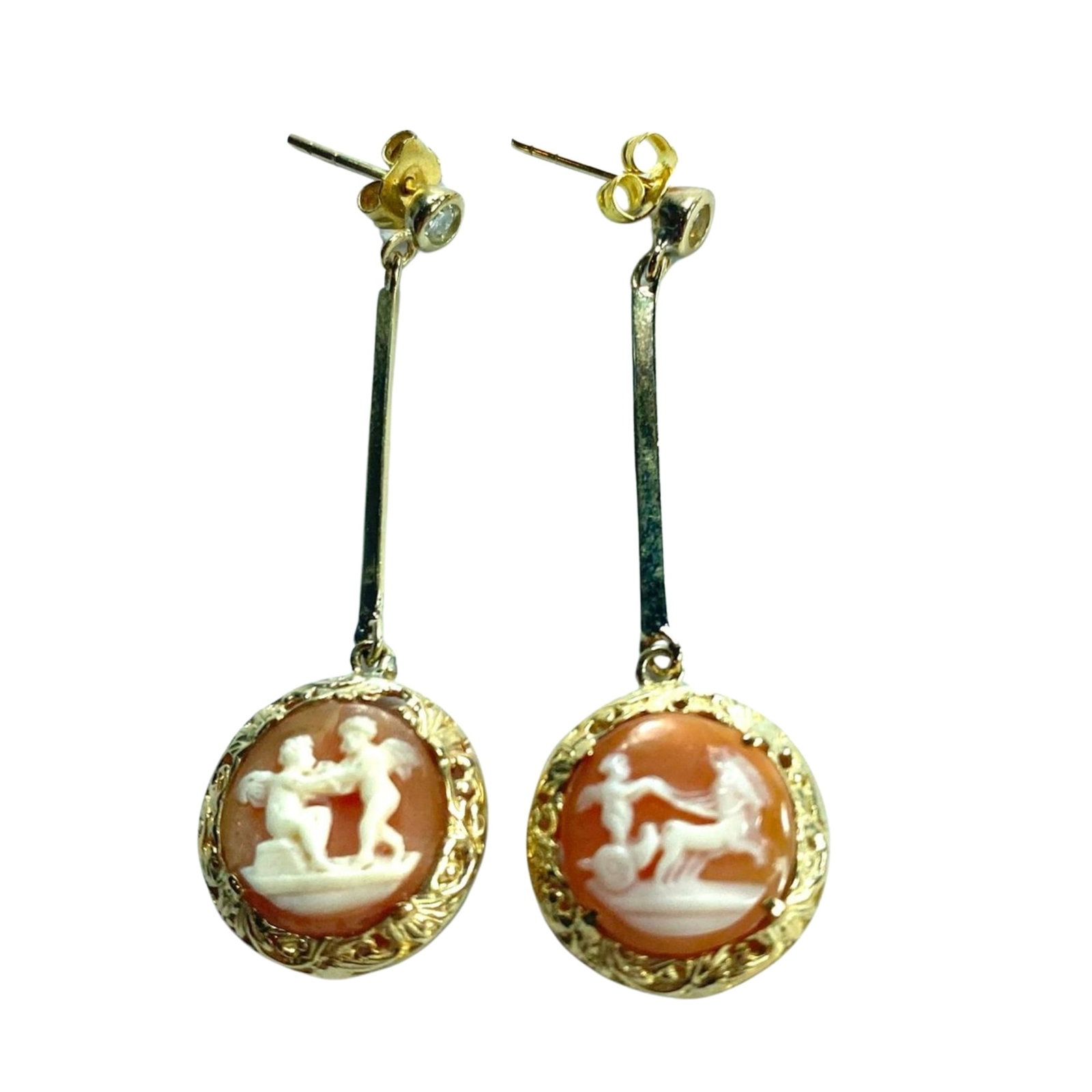 Diamond-set Cherub Shell Cameo Drop Earrings in 9ct Yellow Gold (Pair): . Size Combined weight 3.8 grams : Hang 4.5cm Medium Earrings Exhibited General