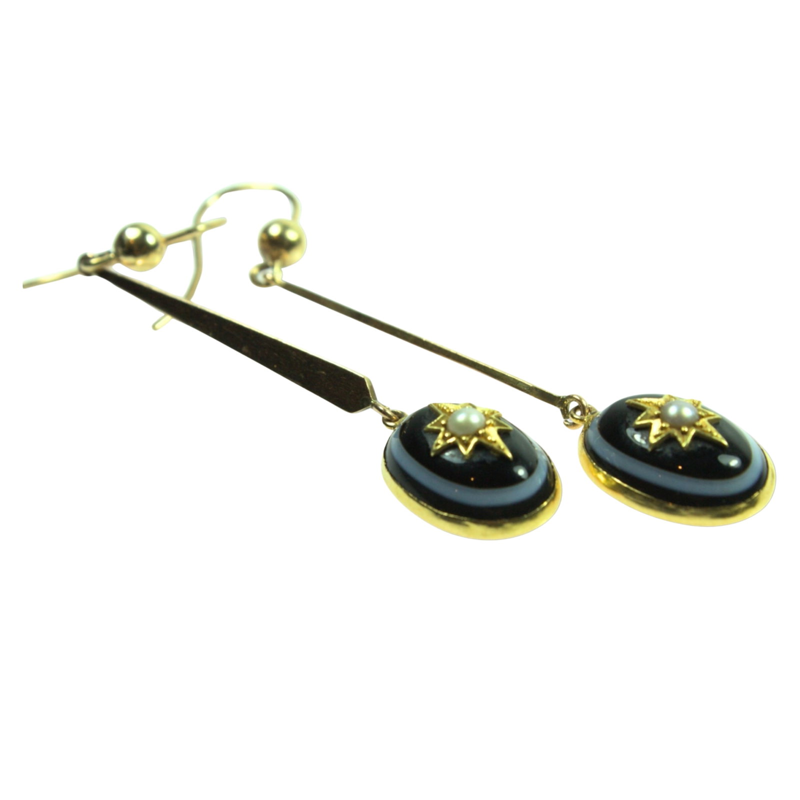 Scandinavian Banded Glass Drop Earrings in 14ct Yellow Gold with 9ct Stems (Pair): Stylish Size Total weight 7.24gms. Hang 6cms Medium Earrings