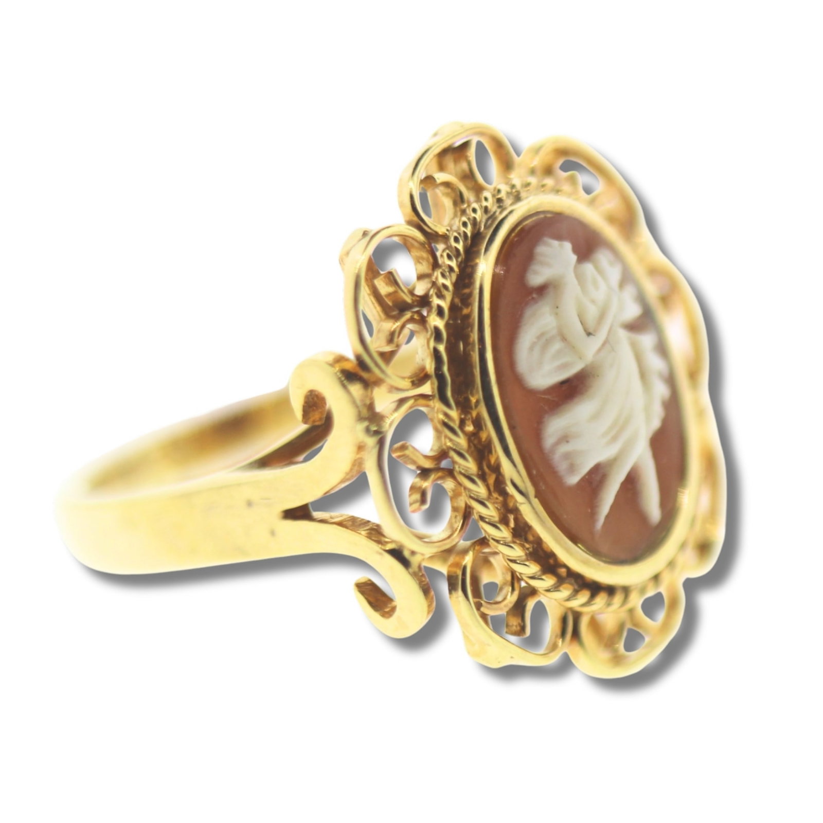 Shell Cameo Ring in 9ct Yellow Gold: Women Dancer design Size Size M : Total weight 5.25gms Medium Rings