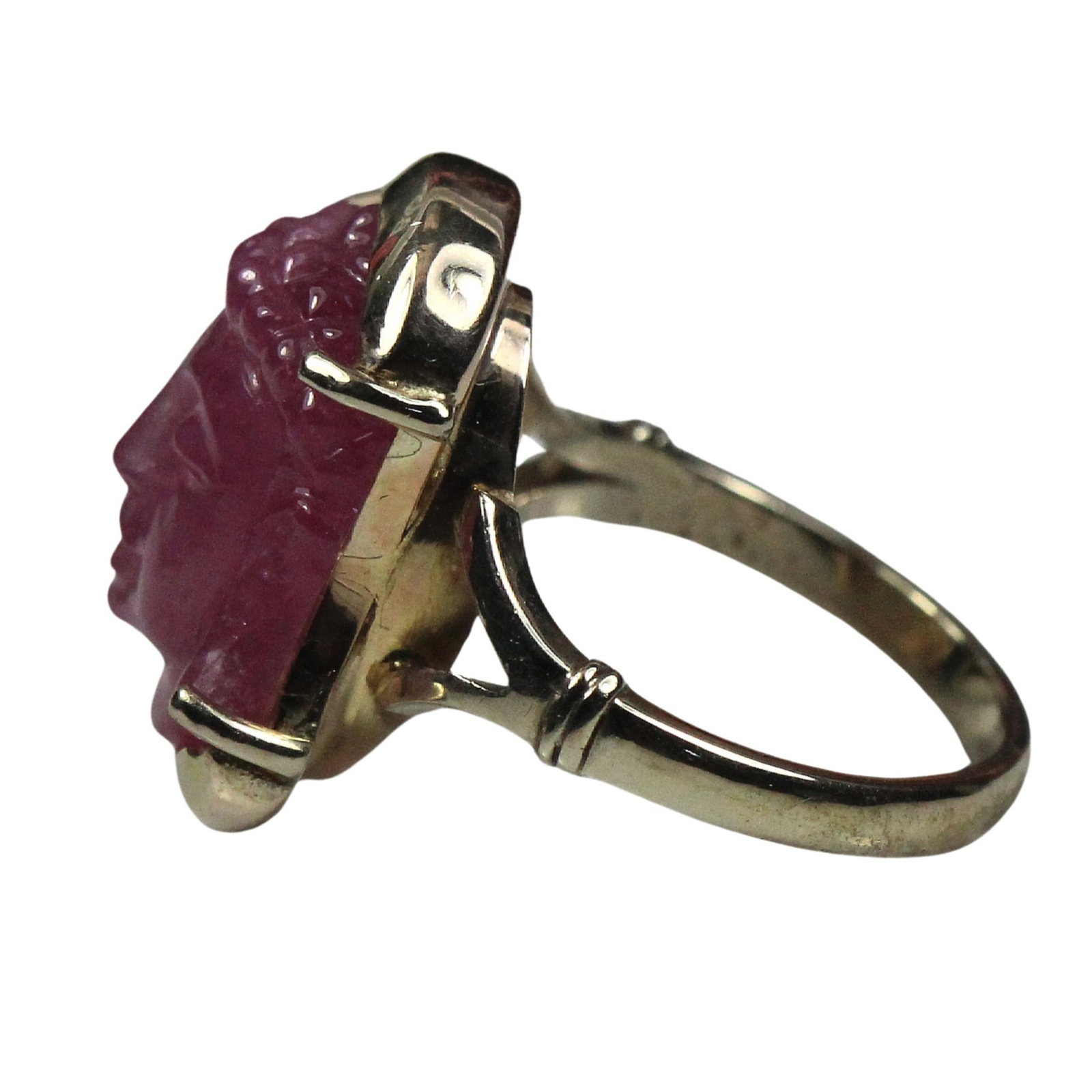 Carved Buddha Head in Pink Tourmaline set in a 9ct Gold Ring: Finely carved Size Size O : Total weight 9.94gms Medium Rings