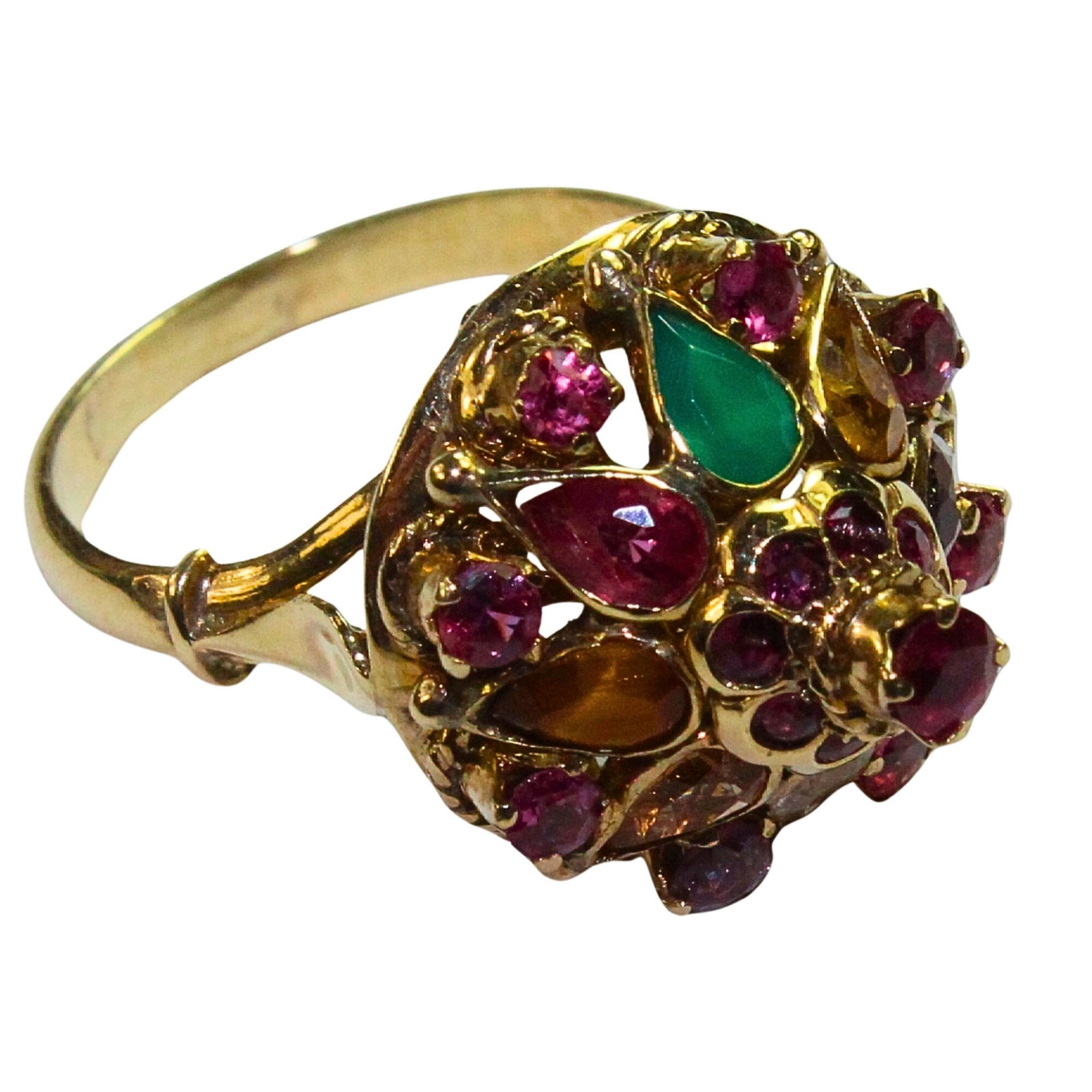 Princess Ring in 9ct Yellow Gold: Adorned with Ruby, Emerald, Tigers Eye, Garnet, Citrine, Tourmaline, Rock Crystal & Sapphire Size Size L : Total weight 4.67gms Medium Rings Exhibited Gemstone