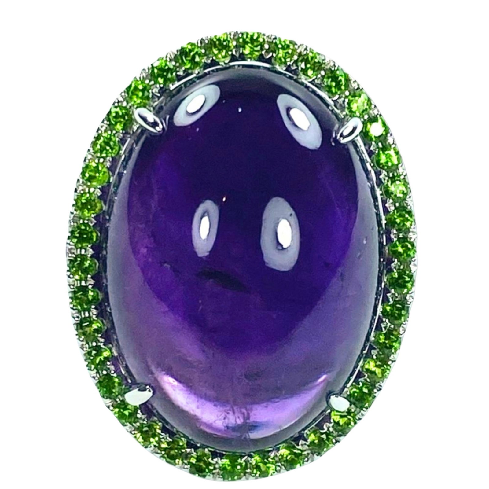 Impressive Amethyst Cocktail Ring surrounded by Tsavorite Garnets in 9ct White Gold: . Size Size: N Total Weight 17.8 grams Medium Rings