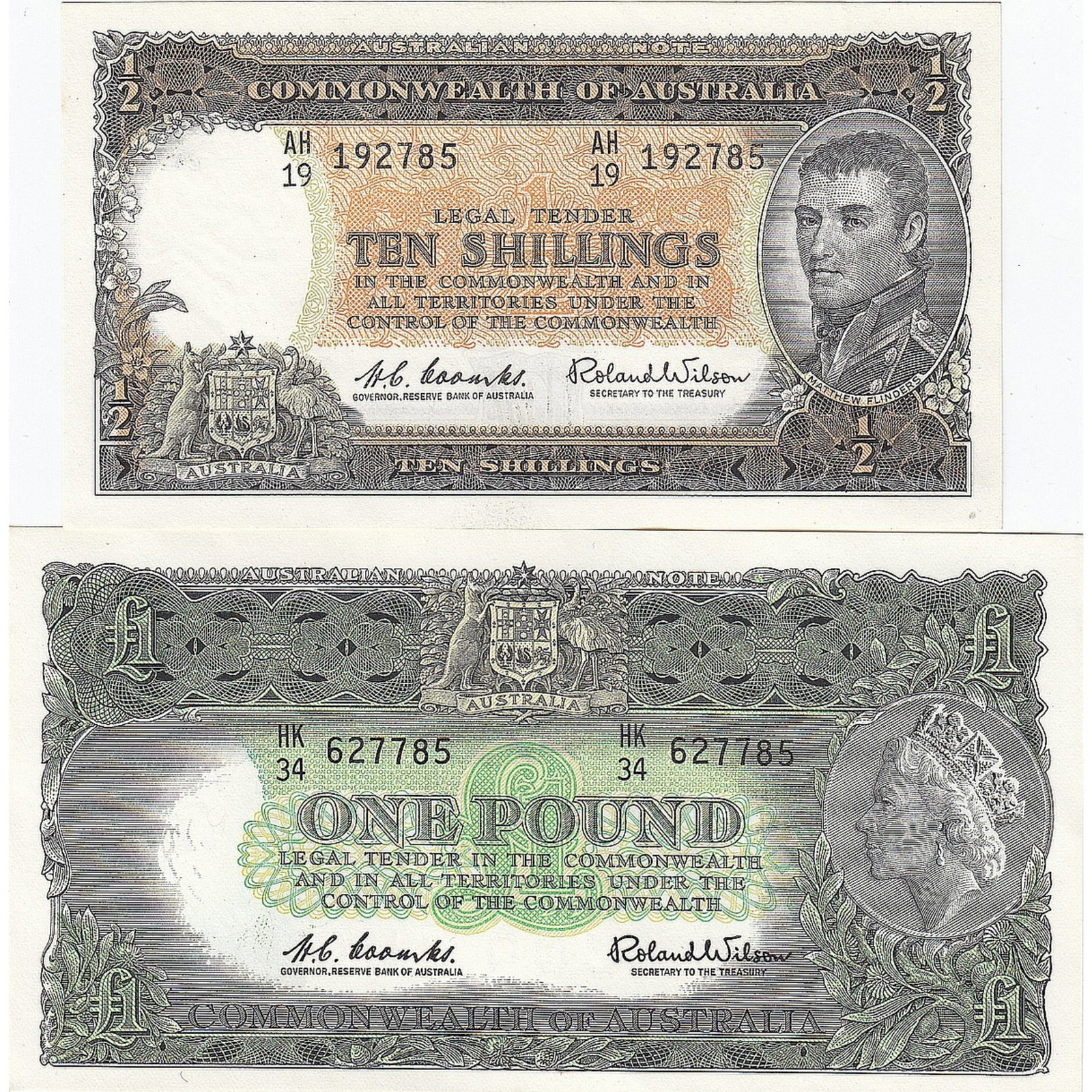 Australia 'Coombs - Wilson' Reserve 10/- & £1 (1961), Uncirculated OPQ (2 notes) (1 of 2)