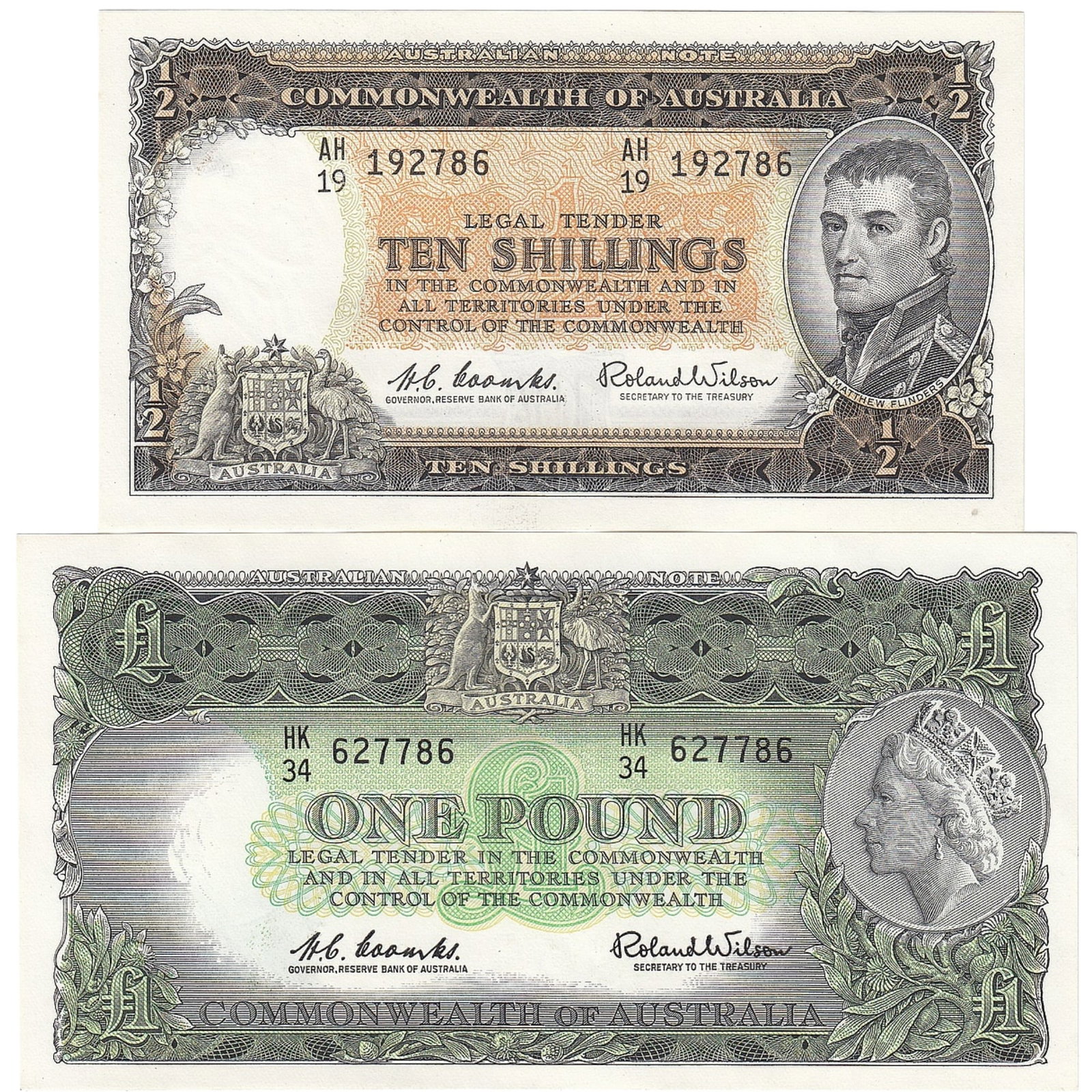 Australia 'Coombs - Wilson' Reserve 10/- & £1 (1961), Uncirculated OPQ (2 notes) (1 of 2)