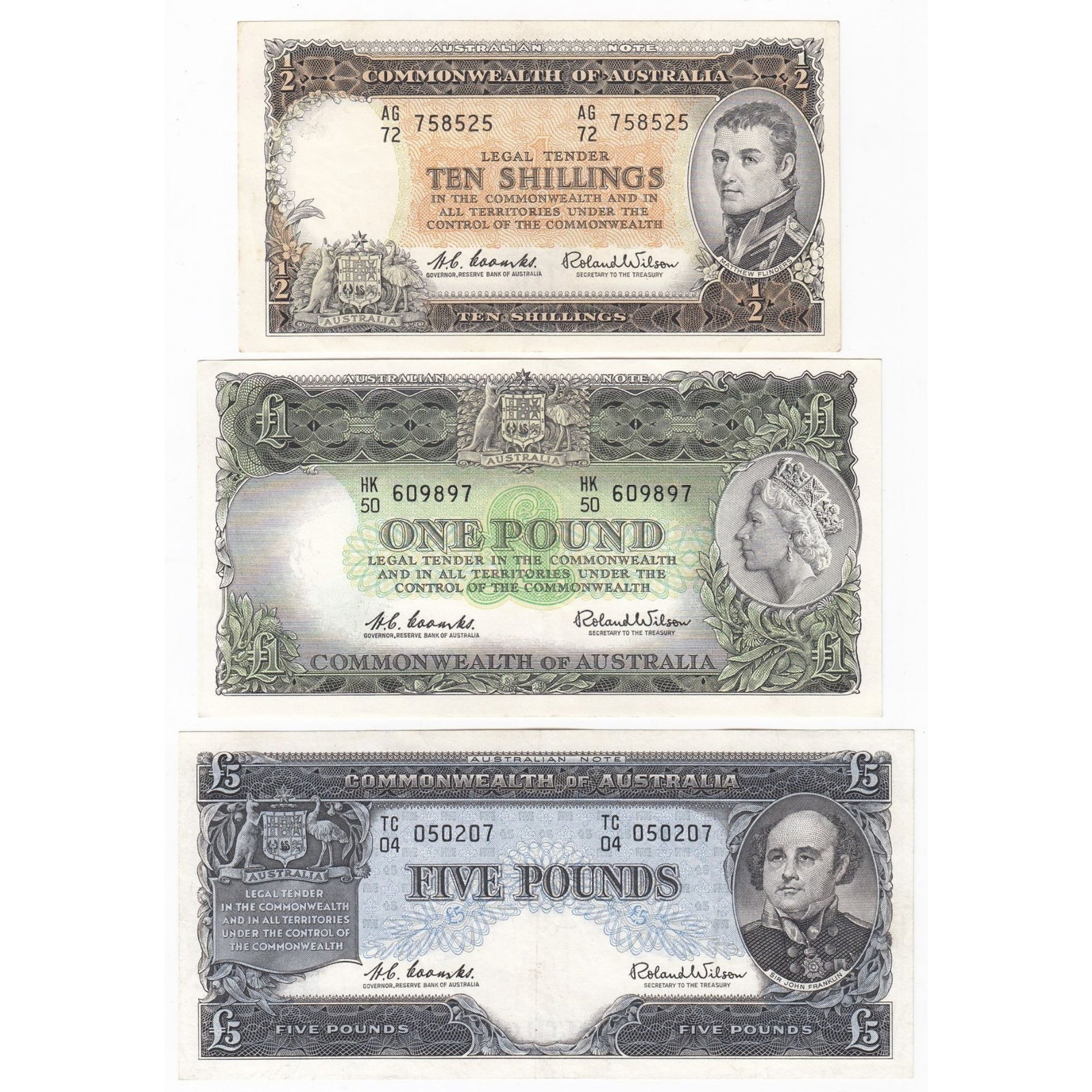Australia 'Coombs - Wilson' Reserve 10/- (1961), £1 (1961) & £5 (1960), about Uncirculated: Renniks# 17, 34b & 50 : Serial# AG/72 758525, HK/50 609897 & TC/04 050207 Condition Light handling & centre bends Medium Coins, Monies & Stamps