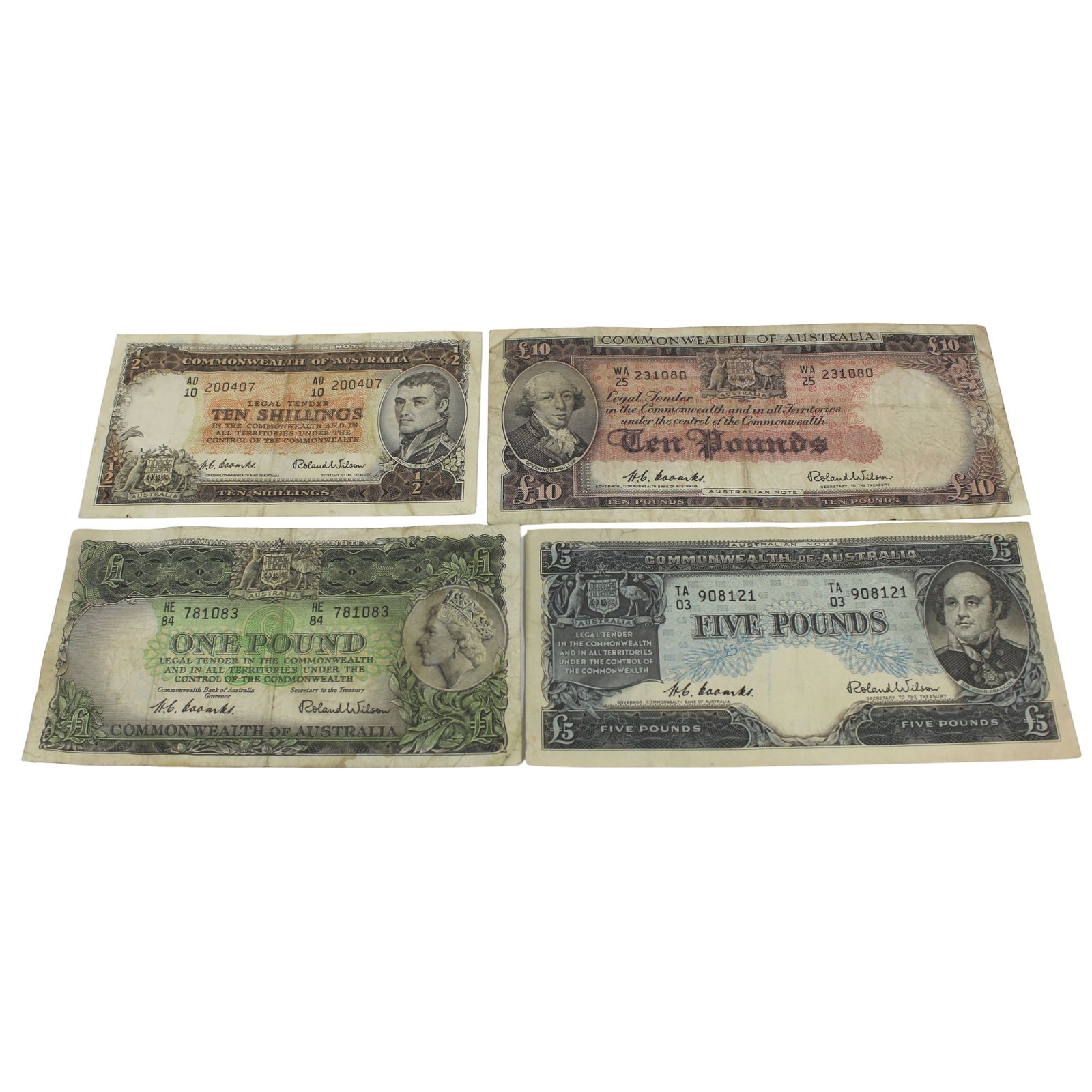 Australia 'Coombs - Wilson' C of A 10/-, £1, £5 & £10 (1953-54), about Fine/Fine: Renniks# 16, 33, 49 & 62 : Serial# AD/10 200407, HE/84 781083, TA/03 908121, & WA/25 231080 Medium Coins, Monies & Stamps