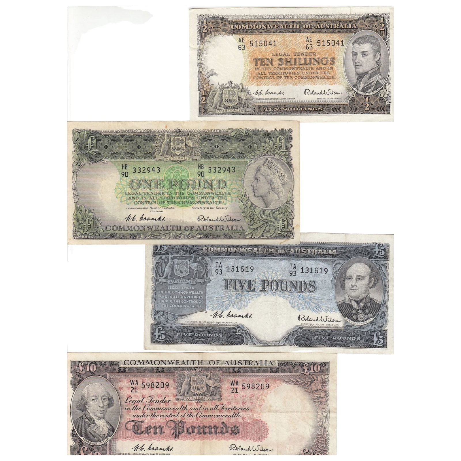 Australia 'Coombs - Wilson' C of A 10/-, £1, £5 & £10 (1953-4), good Very Fine or be: Renniks# 16, 33, 49 & 62 : Serials Mixed Medium Coins, Monies & Stamps