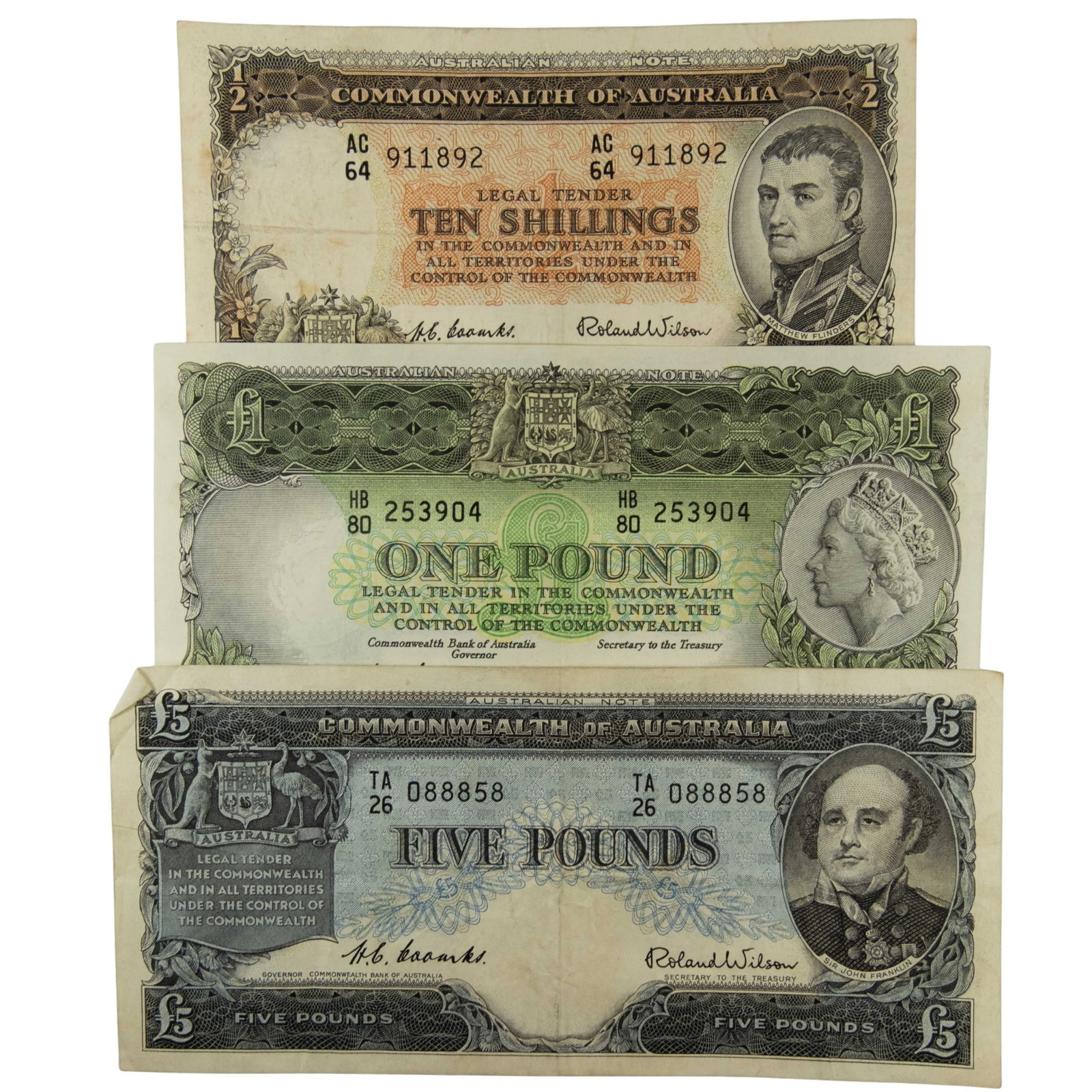 Australia 'Coombs - Wilson' C of A 10/- (1954), £1 (1953) & £5 (1954), Very Fine (3 notes (1 of 8)