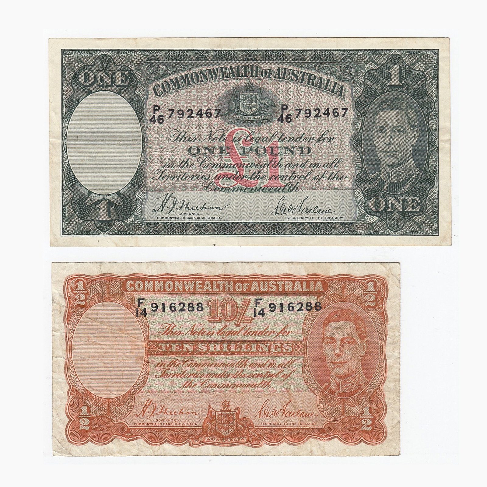 Australia 'Sheehan - McFarlane' 10/- (1939) & £1 (1938), Fine & Very Fine (2 notes) (1 of 2)