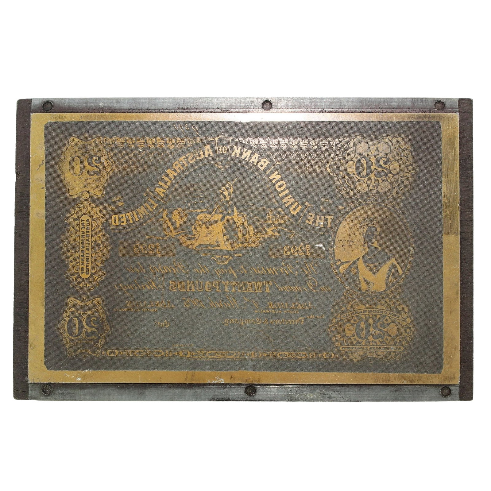 Union Bank of Australia 1905 - 1910 £20 (Adelaide) Miniature Printing Plate c.1973-4: Unique. In the early 1970s the iconic Australian company 'White Wings' commissioned miniature printing plates to produce a small size replicas of Australian Pre-Federation Banknotes, which were given 