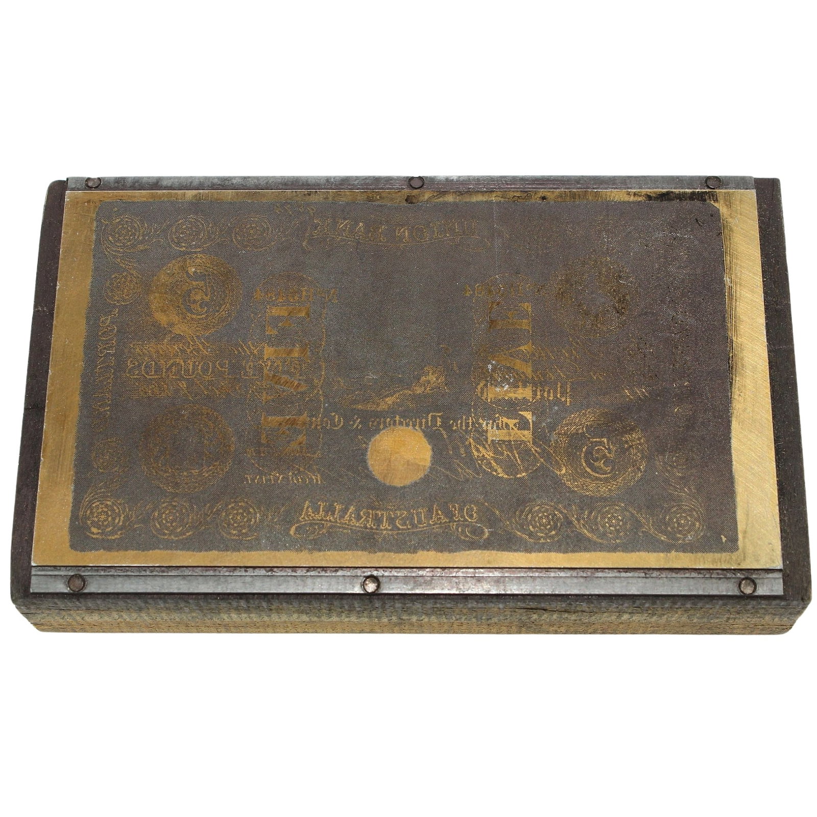 Union Bank of Australia 1860 - 1880 £5 (Portland) Miniature Printing Plate c.1973-4: Unique. In the early 1970s the iconic Australian company 'White Wings' commissioned miniature printing plates to produce a small size replicas of Australian Pre-Federation Banknotes, which were given 
