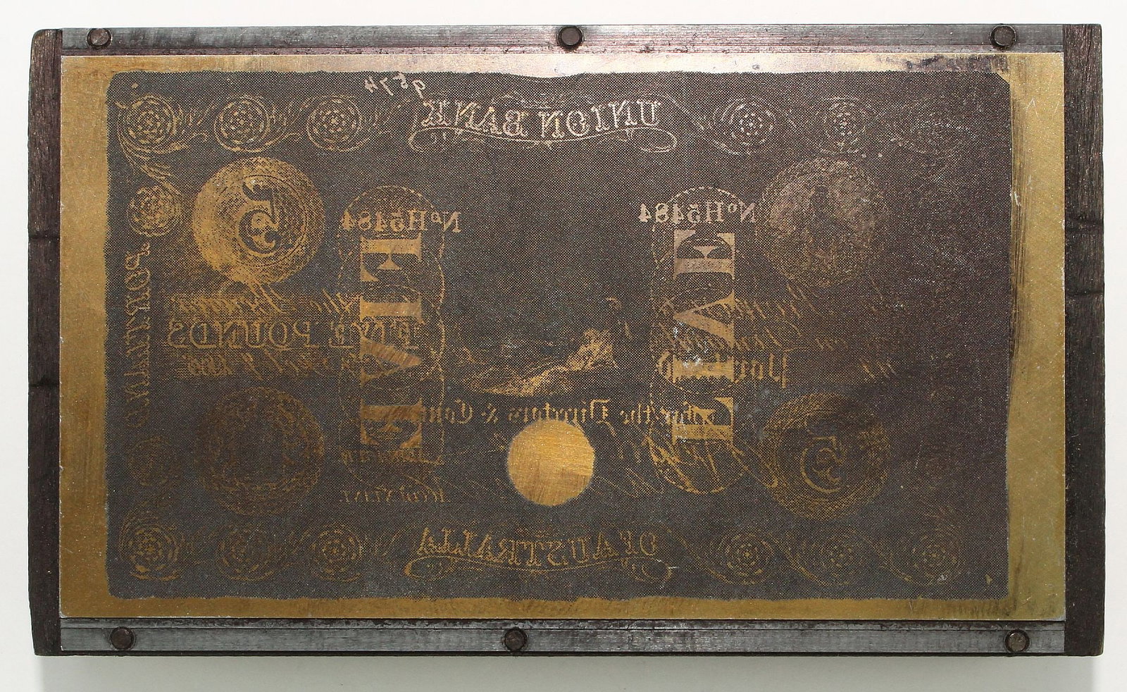 Union Bank of Australia 1860 - 1880 £5 (Portland) Miniature Printing Plate c.1973-4 - 2