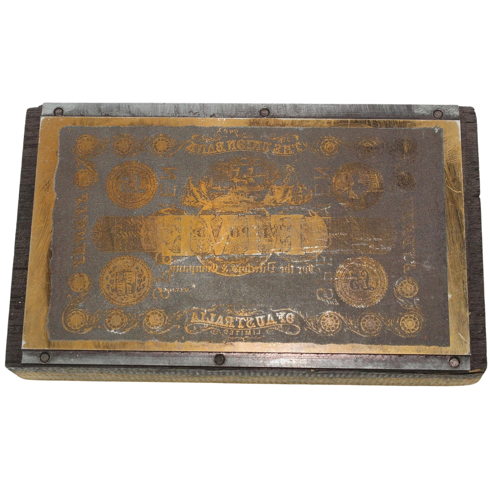 Union Bank of Australia 1880 - 1905 £5 (Sydney) Miniature Printing Plate c.1973-4: Unique. In the early 1970s the iconic Australian company 'White Wings' commissioned miniature printing plates to produce a small size replicas of Australian Pre-Federation Banknotes, which were given 