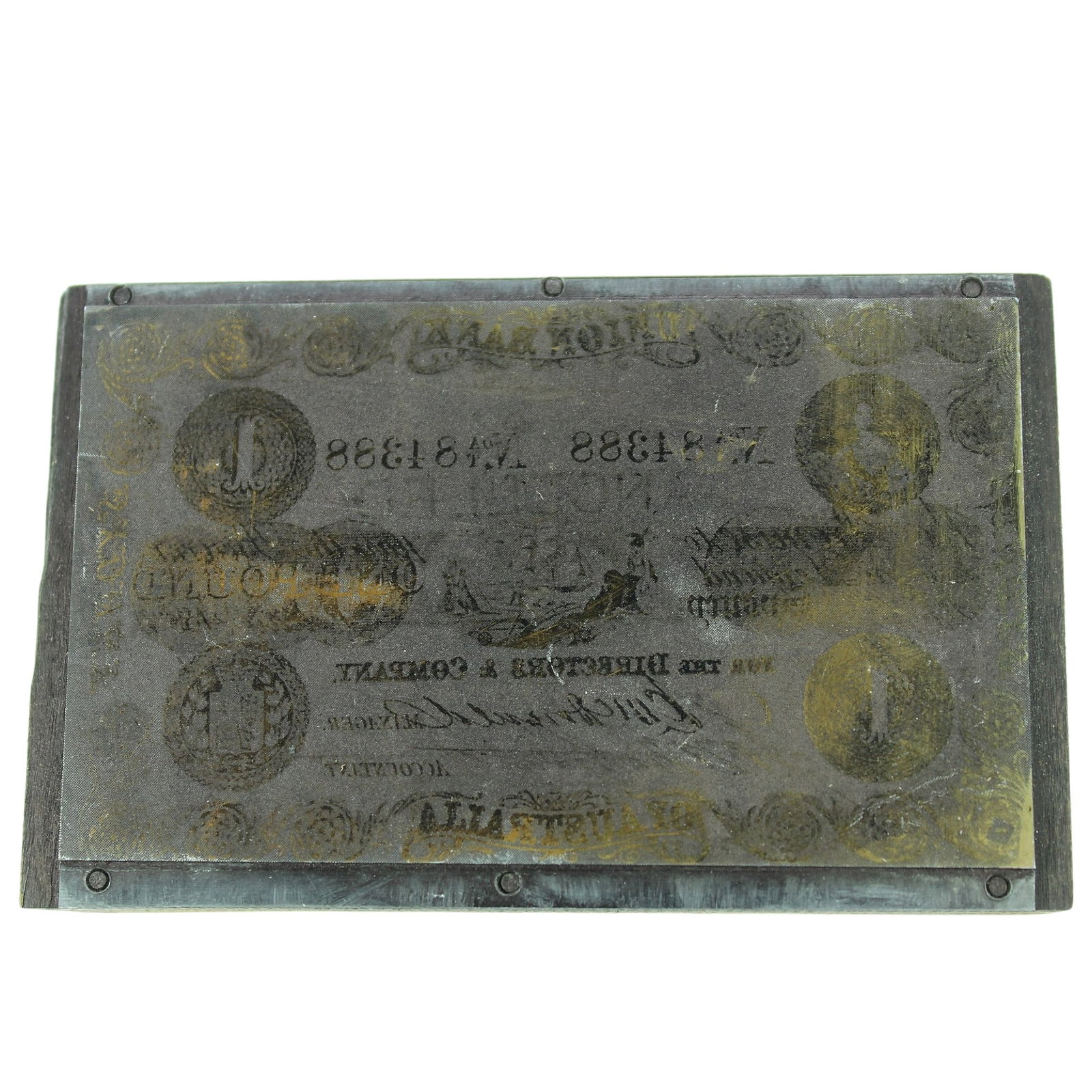Union Bank of Australia 1850 - 1860 £1 (Sydney) Miniature Printing Plate c.1973-4: Unique. In the early 1970s the iconic Australian company 'White Wings' commissioned miniature printing plates to produce a small size replicas of Australian Pre-Federation Banknotes, which were given 
