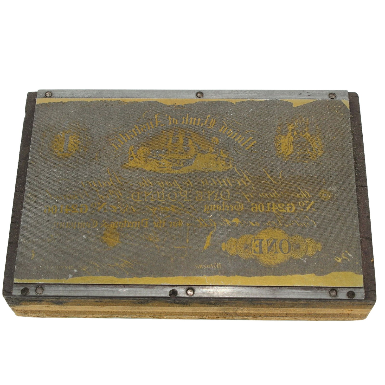 Union Bank of Australia 1837 - 1850 £1 (Geelong) Miniature Printing Plate c.1973-4: Unique. In the early 1970s the iconic Australian company 'White Wings' commissioned miniature printing plates to produce a small size replicas of Australian Pre-Federation Banknotes, which were given 