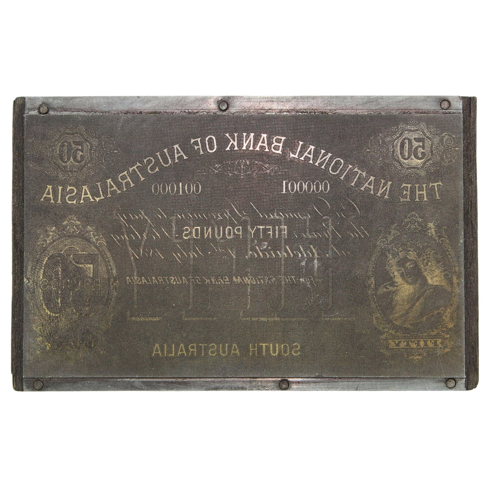 National Bank of Australasia 1880 - 1890 £50 (SA) Miniature Printing Plate c.1973-4: Unique. In the early 1970s the iconic Australian company 'White Wings' commissioned miniature printing plates to produce a small size replicas of Australian Pre-Federation Banknotes, which were given