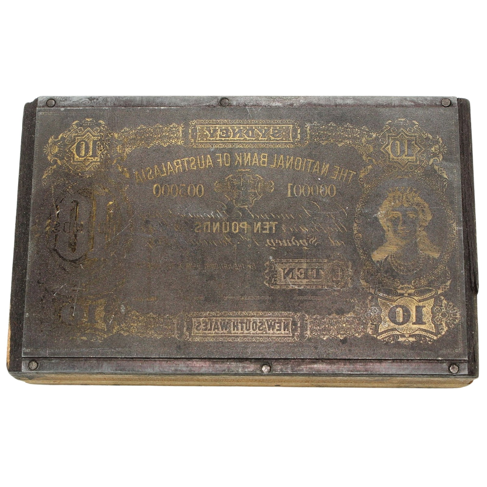 National Bank of Australasia 1880 - 1910 £10 (NSW) Miniature Printing Plate c.1973-4: Unique. In the early 1970s the iconic Australian company 'White Wings' commissioned miniature printing plates to produce a small size replicas of Australian Pre-Federation Banknotes, which were given 