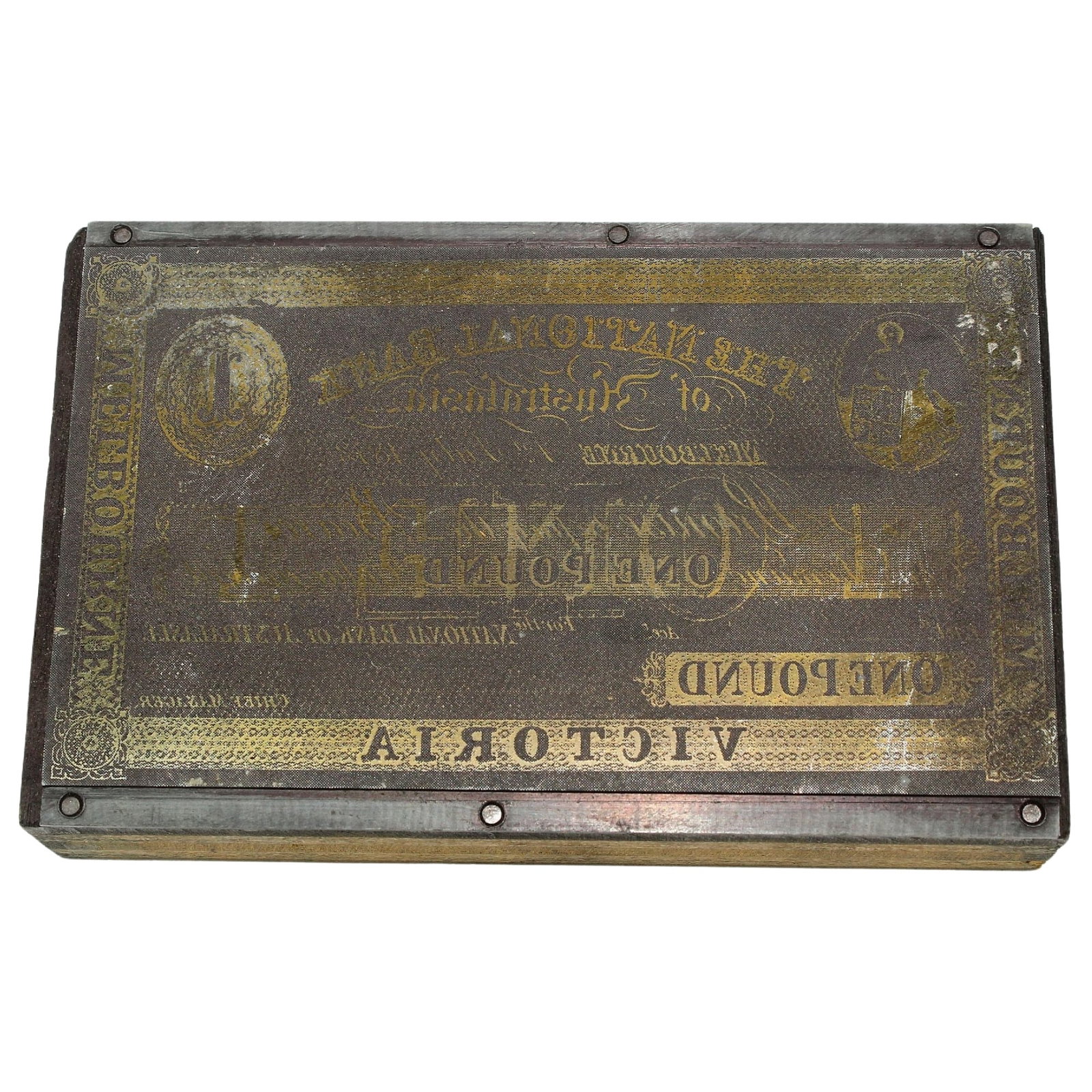 National Bank of Australasia 1860 - 1880 £1 (Melbourne) Miniature Printing Plate c.1973-4: Unique. In the early 1970s the iconic Australian company 'White Wings' commissioned miniature printing plates to produce a small size replicas of Australian Pre-Federation Banknotes, which were given 