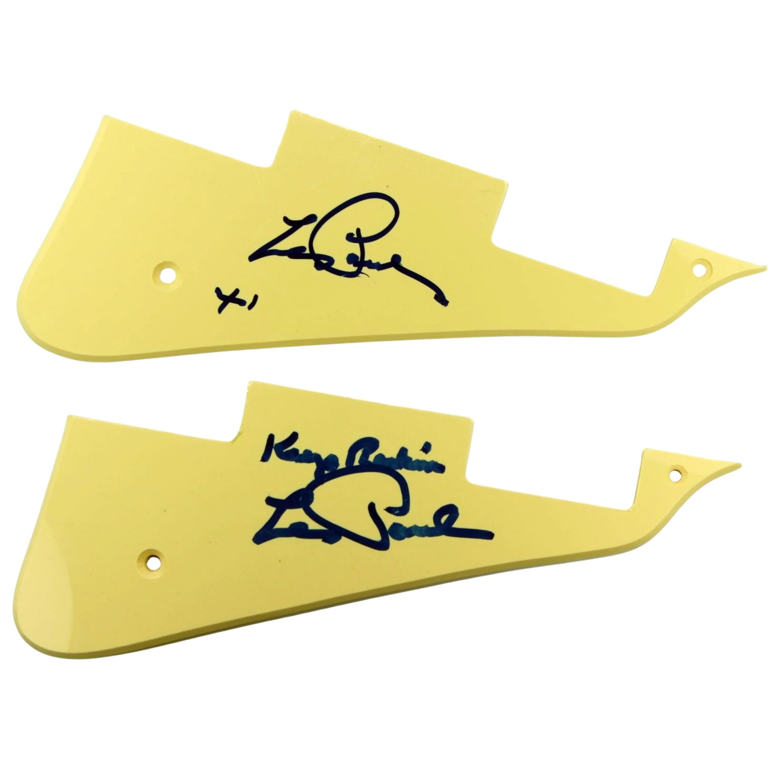 Les Paul signatures of two plastic Guitar Pickguards (2 items): One has '41' below his signature signifying the year he invented the electric guitar while the other 'Keep Rockin' above Medium Autographs