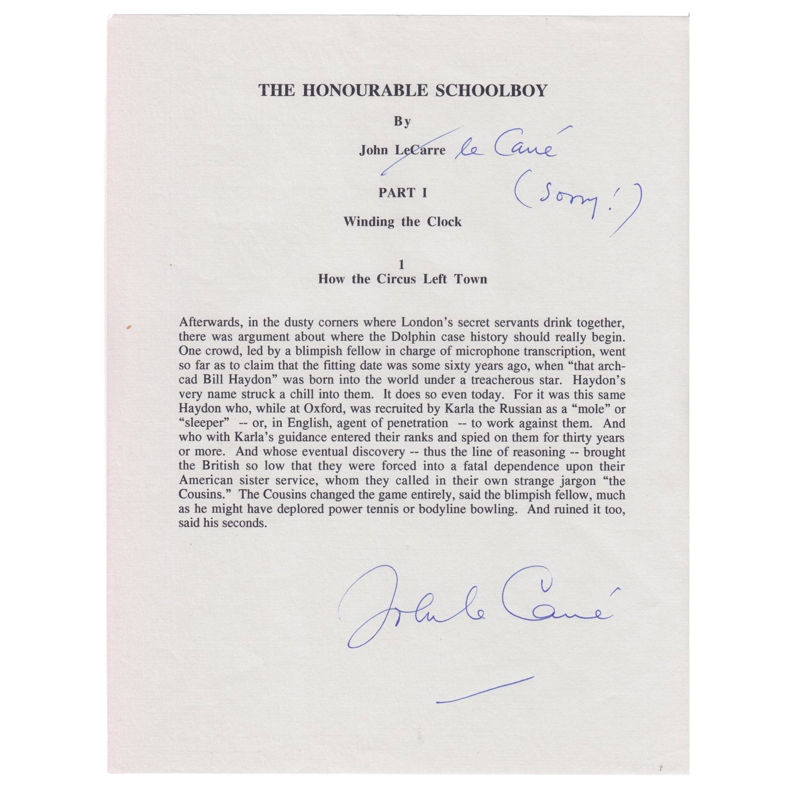 John Le Carre signature on the starting page of his classic novel 'The Honourable Schoolboy' (1 of 2)