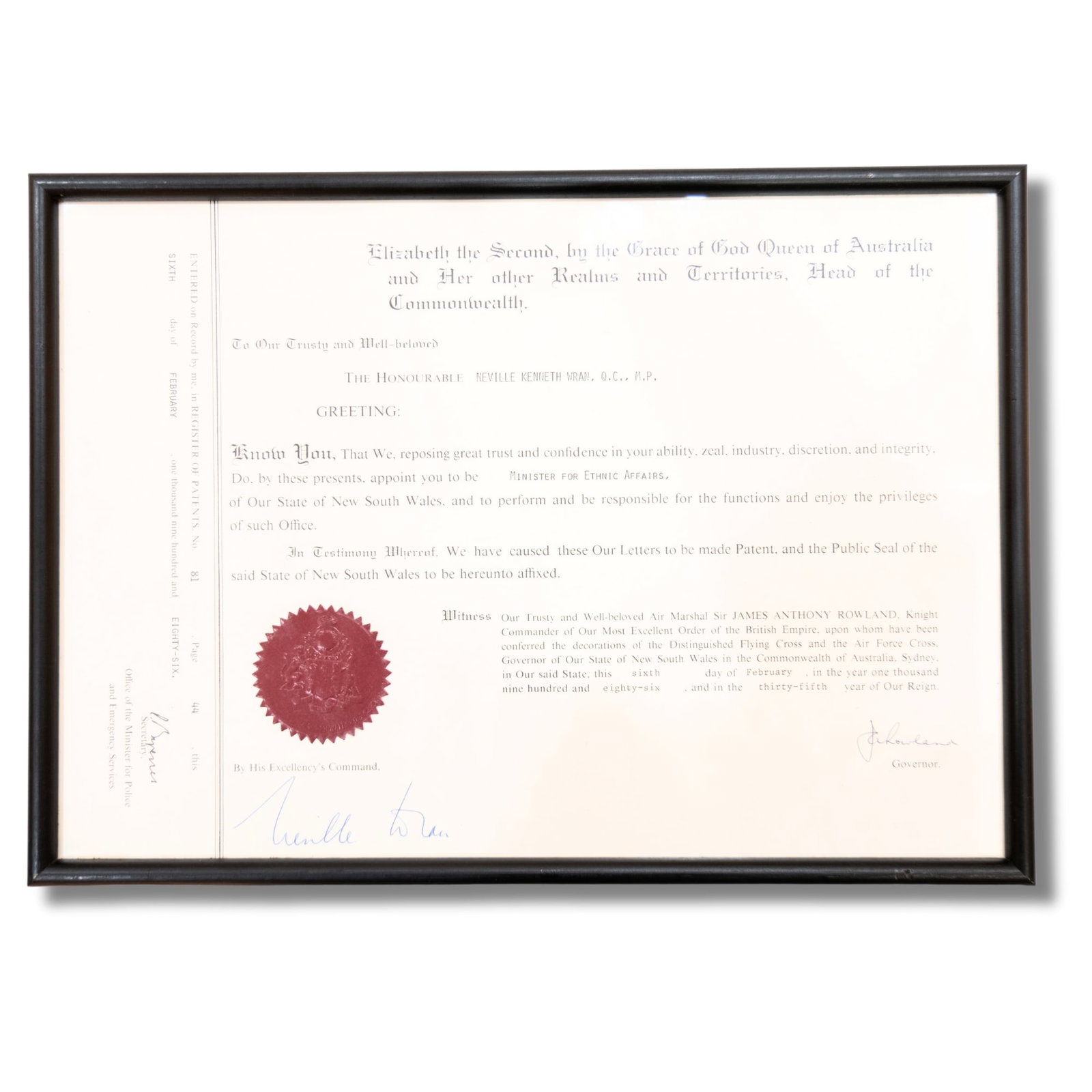 Charter appointing of Neville Wran as 'Minister Ethnic Affairs' of New South Wales 6 February 1986 (1 of 2)