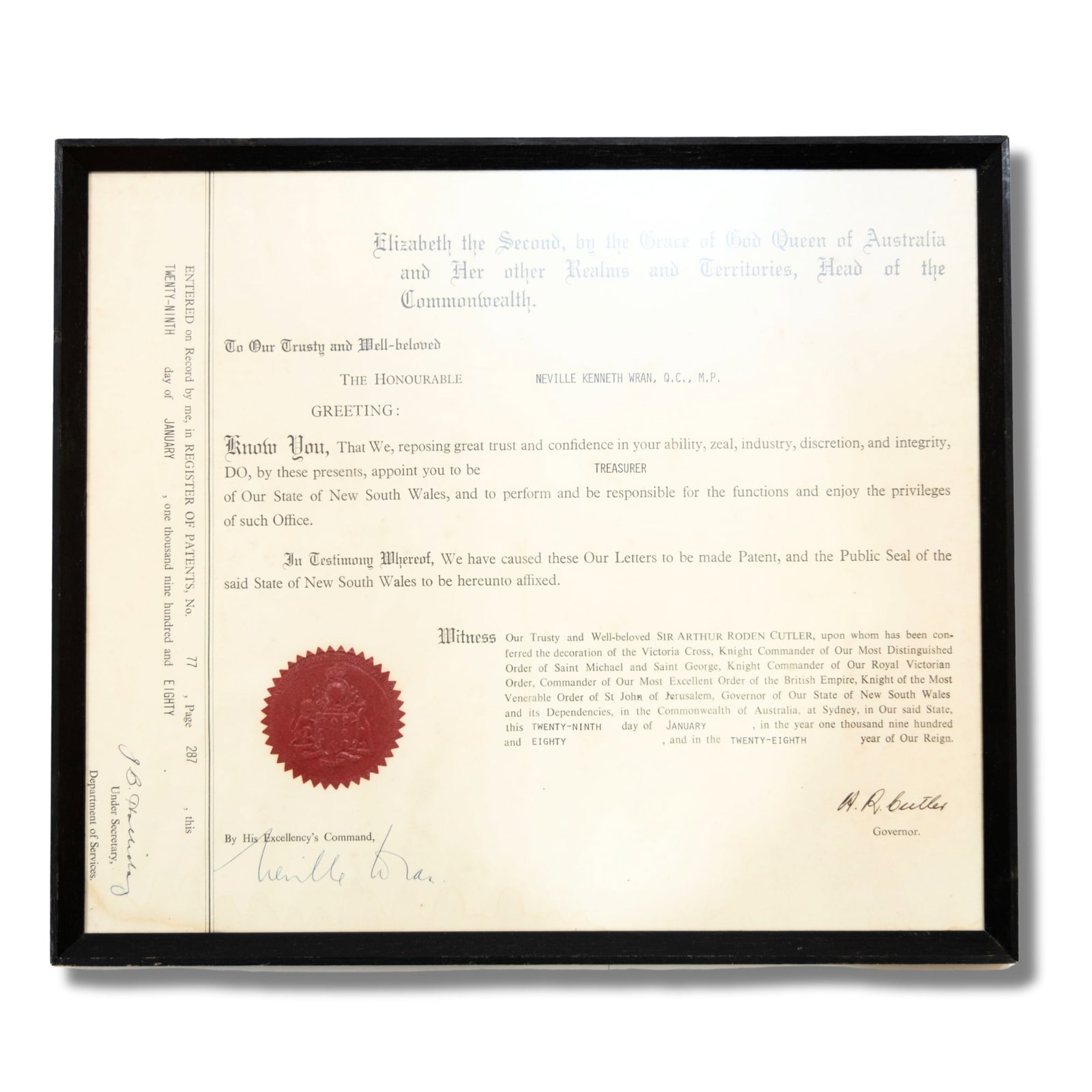 Charter appointing of Neville Wran as 'Treasurer' of New South Wales 29 January 1980 (1 of 2)
