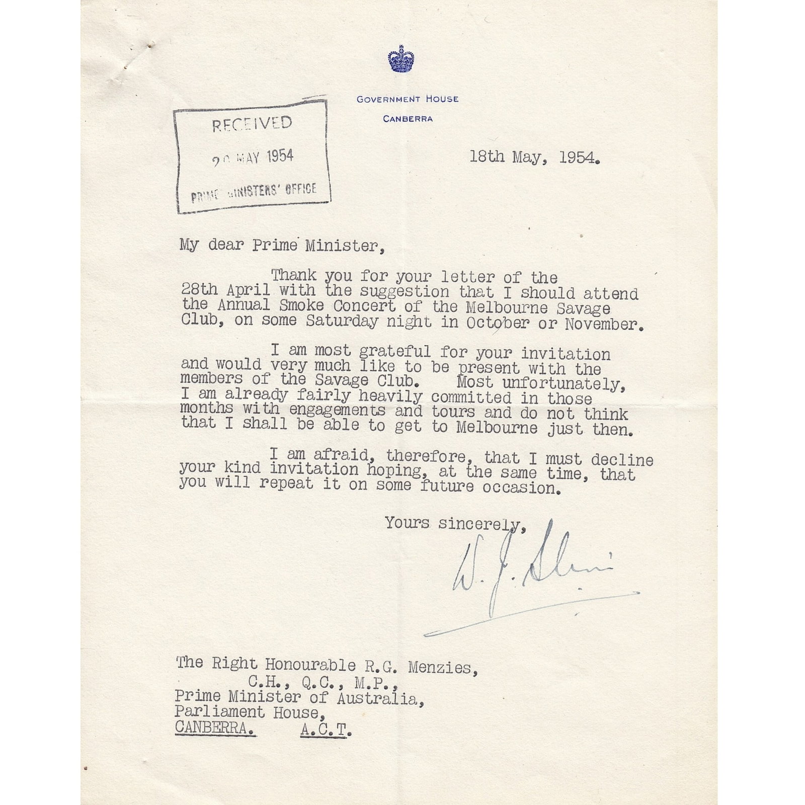 Signed letters between Sir William Slim and the Prime Minister R. G. (Bob) Menzies, 1954 (2 items ): Sir William Slim was the Governor General of Australia Medium Memorabilia Exhibited General