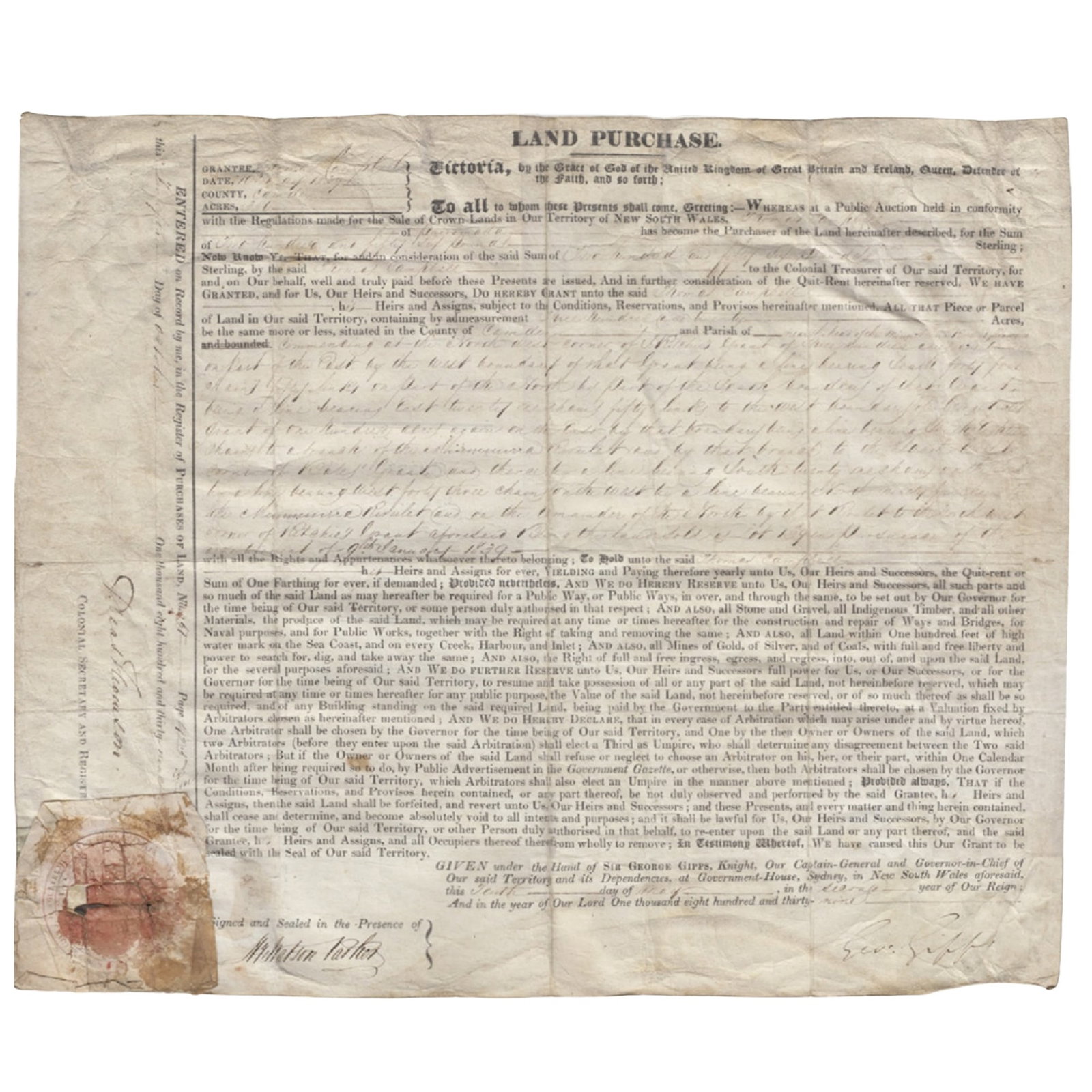 Australia Land Purchase Document for Thomas Campell and signed by the Governor of NSW, George Gipps (1 of 2)