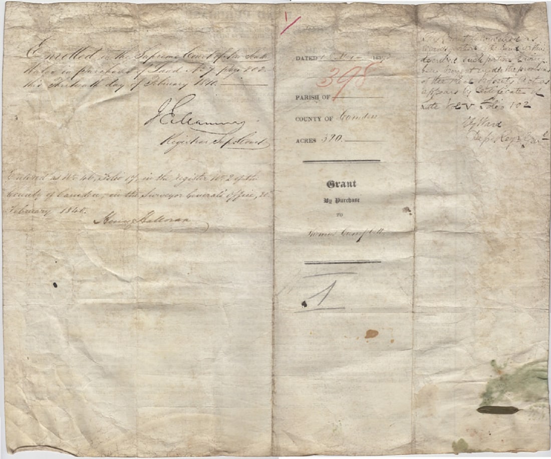 Australia Land Purchase Document for Thomas Campell and signed by the Governor of NSW, George Gipps - 2