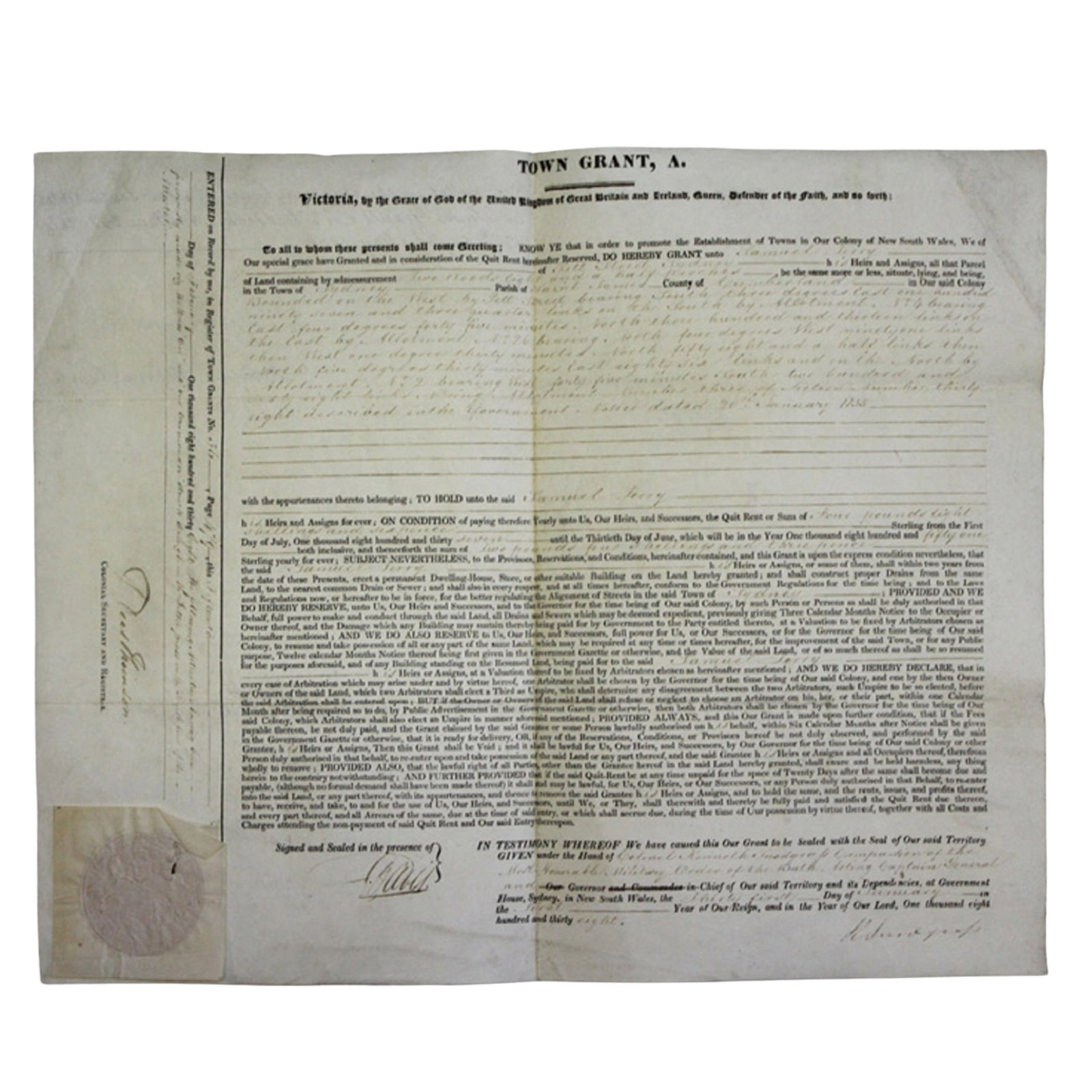 Australia Land Grant to Samuel Terry dated 31 January 1838 and signed by Governor Richard Bourke. (1 of 2)