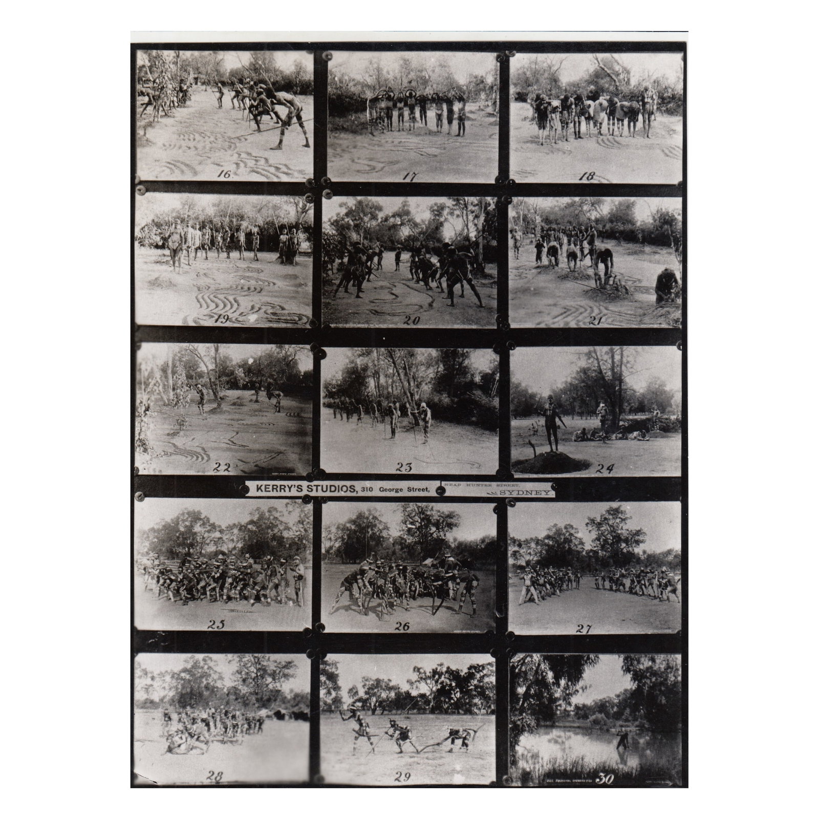 Charles Kerry Proof Sheet marked "Kerry's Studios, 310 George Street near Hunter Street, Sydney": Photo proof sheet with 15 Photos in Miniature numbered 16-30. Back stamped "Tyrell's Pty Ltd 202 George Street below Bridge Street, Sydney" Size 21.5 x 16cms Medium Photography