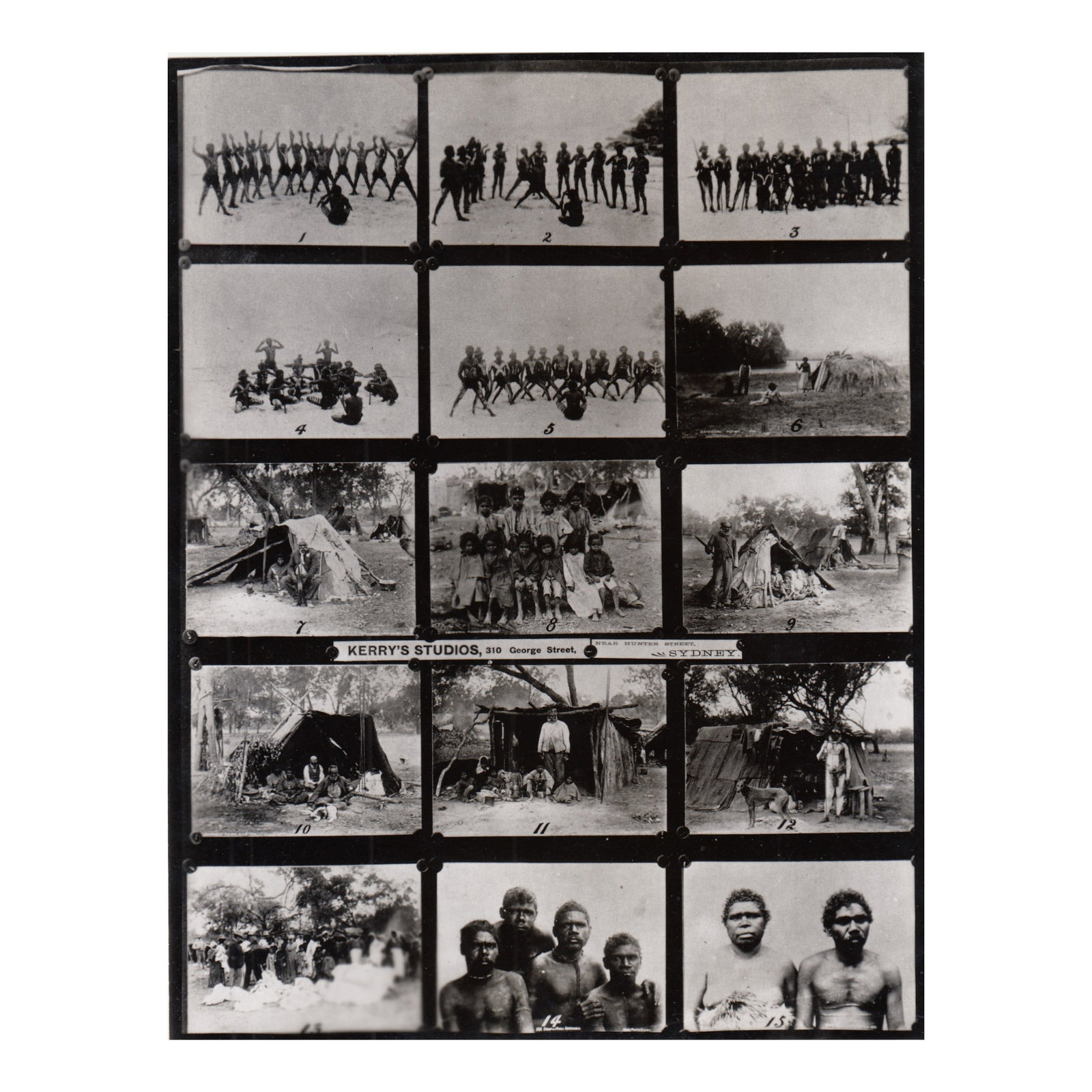 Charles Kerry Proof Sheet marked "Kerry's Studios, 310 George Street near Hunter Street, Sydney": Photo proof sheet with 15 Photos in Miniature numbered 1-15. Back stamped "Tyrell's Pty Ltd 202 George Street below Bridge Street, Sydney" Size 21.5 x 16cms Medium Photography