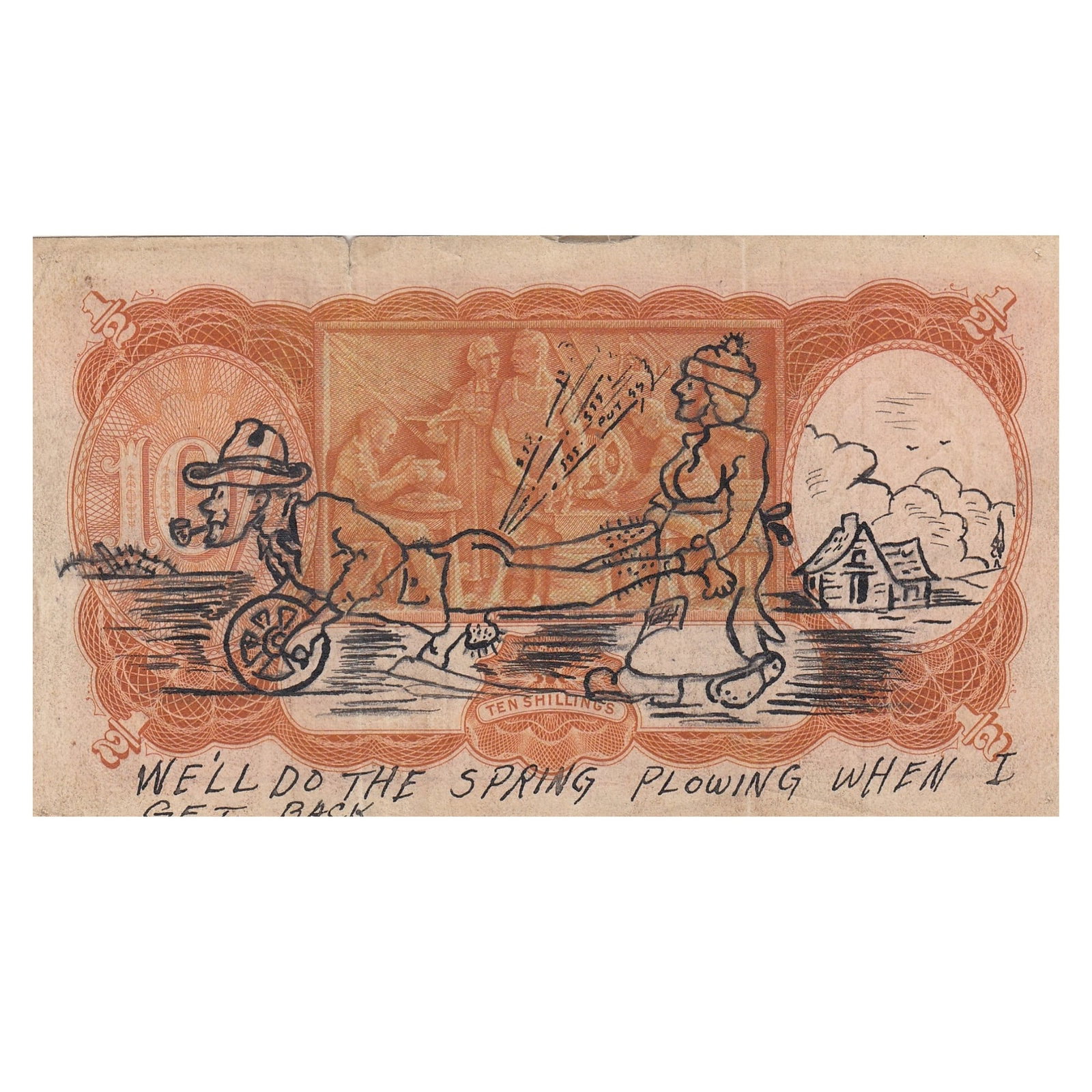 WWII Australia Cheeky Graffiti Art on a 'Sheehan - McFarlane' 10/- (1939), Fine (1 of 2)