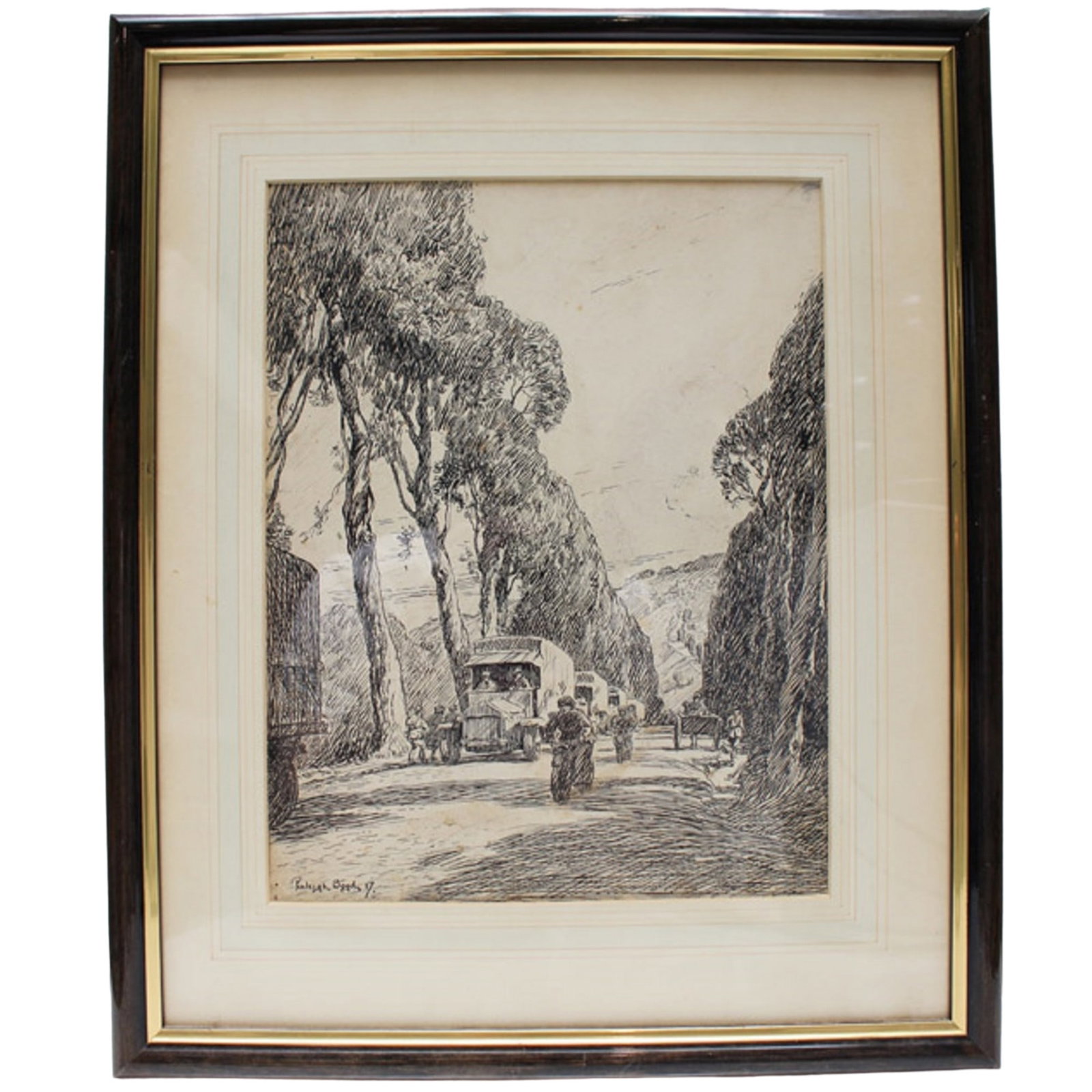 Theodore Penleigh Boyd (Australian,1890 - 1923) "A Road in France" Original Pen Drawing: Drawn in situ, August 1916 at the Western Front. This sketch along with others appeared in 'Salvage' published in 1918, and the accompanying captions provide a personal insight into life at the Front.