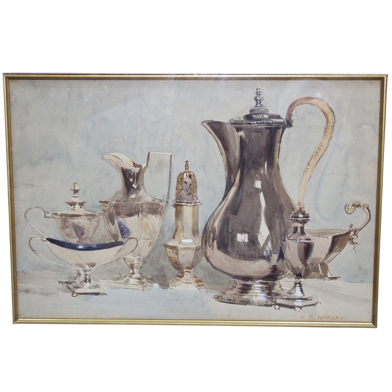 A(rthur) Streeton (Australian,1867-1942) signed Study in Watercolour of 'Georgian Silver': 'Purchased by R.A. Gale from the Norman Schureck Collection in 1945. The Schureck Collection later became famous for its Dobell & Streeton paintings' Size 46x30cms Medium Painting Provenance Sold