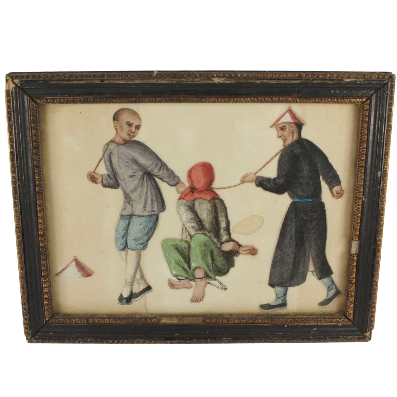 Antique Chinese Hand-painted Torture Scene on Rice Parchment in Wooden Frame: Manacled Man with Spit Hood Size Frame measures 17x13cms Condition Small loss to field Medium Paintings