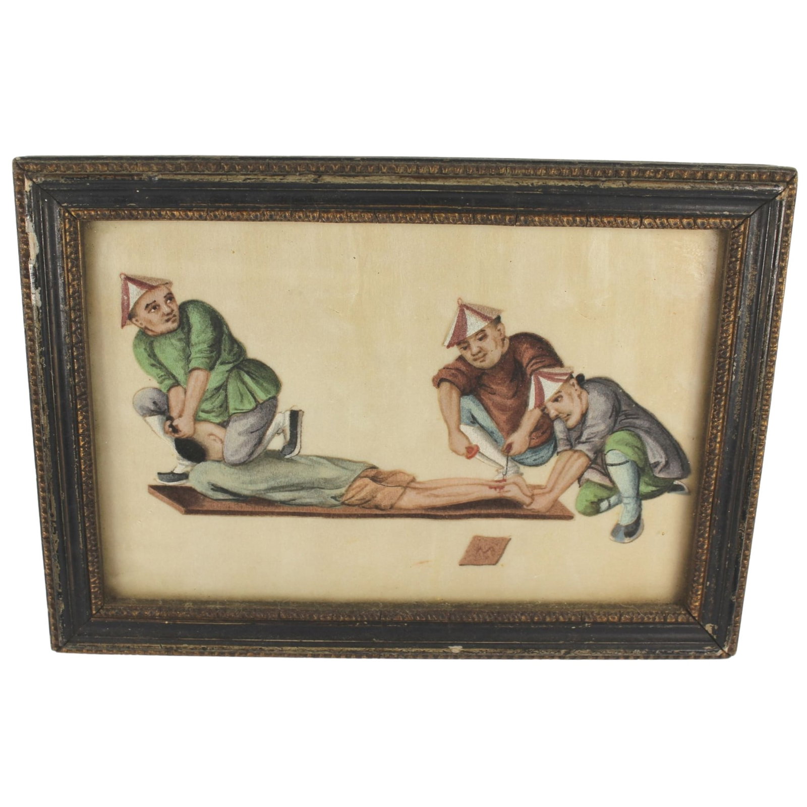 Antique Chinese Hand-painted Torture Scene on Rice Parchment in Wooden Frame: Restrained Man having his Achilles Tendons severed Size Frame measures 17x13cms Medium Paintings