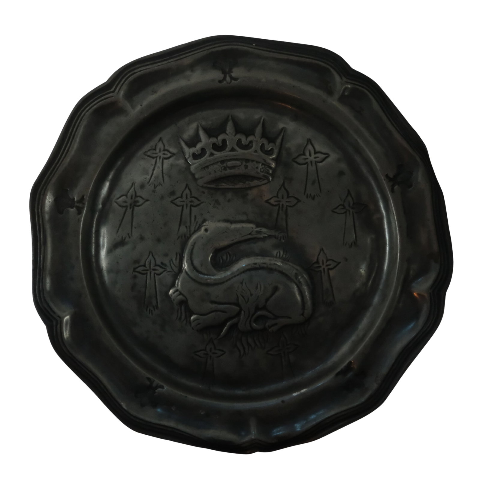 Antique French Pewter Salver with impressed Ducal Crown & Fire -breathing Salamander (1 of 2)