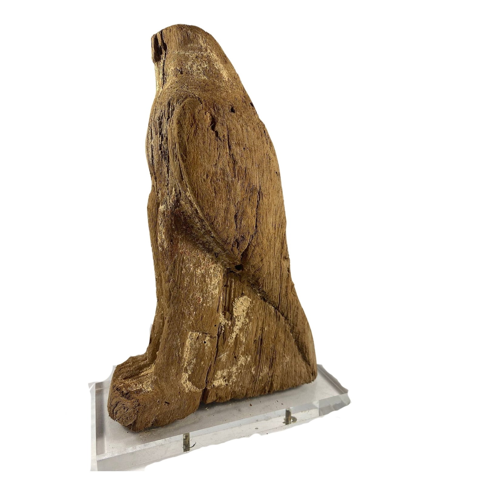 Ancient Ptolemaic (Egyptian) Wooden Statue of Horus in the form of a Falcon: circa 3rd Century B.C. Size Stands 18.5cms on perspex base Medium Antiquities: Greek, Roman & Egyptian Exhibited Egyptian