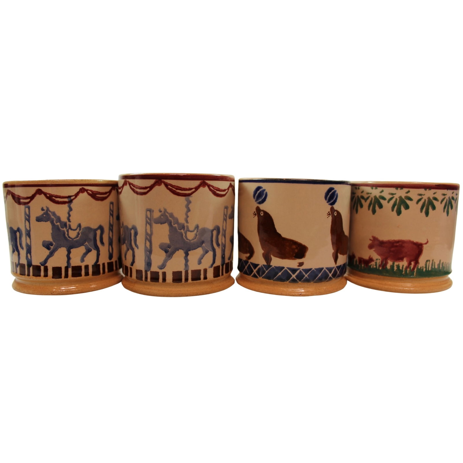 Nicholas Mosse Pottery Cups (4 items): Three Circus Scenes & a Rural Scene Medium Pottery
