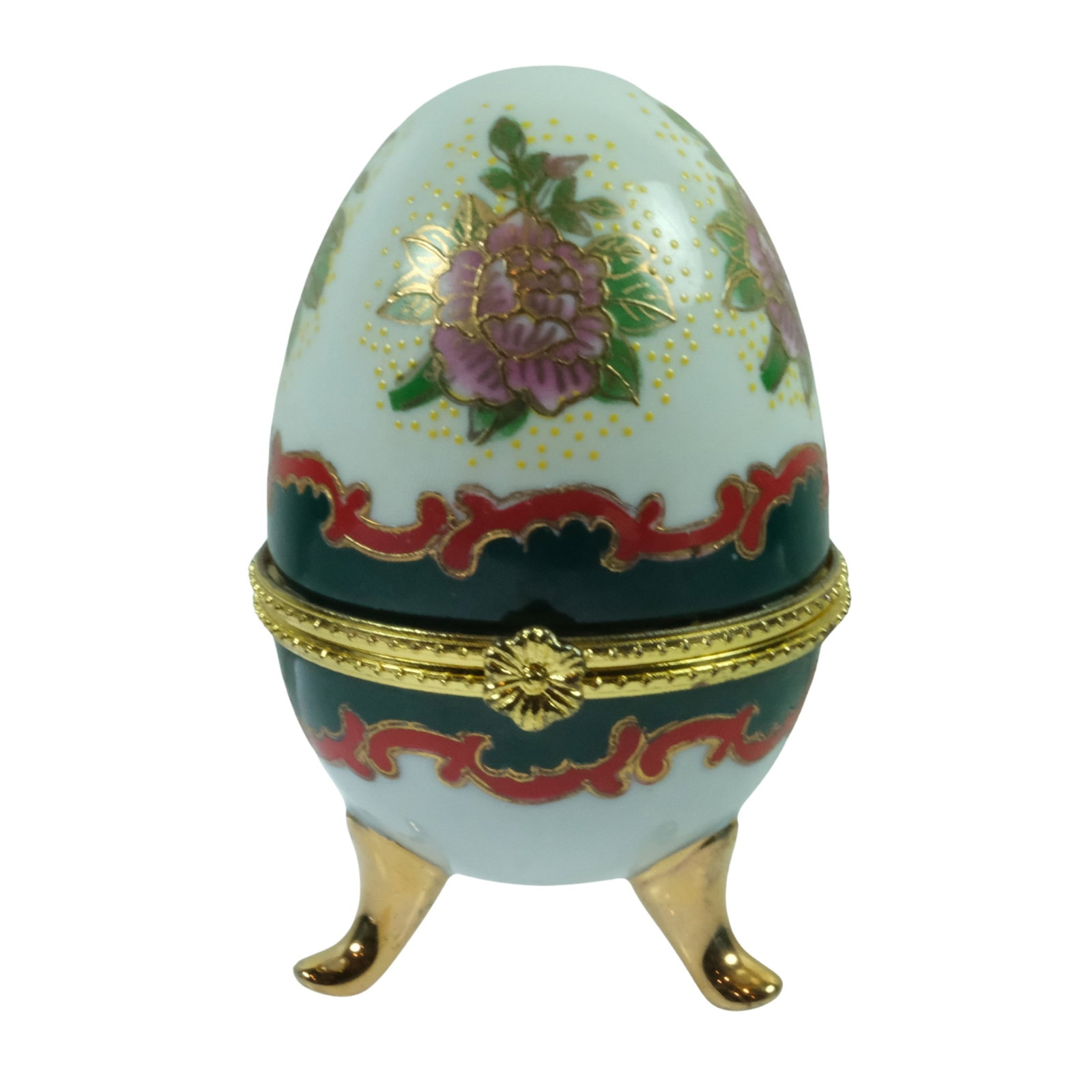 Tripod Hinge-lidded Porcelain Egg with Enamelled Decoration: . Size Stands 9.5cms Medium Porcelain & China Exhibited General