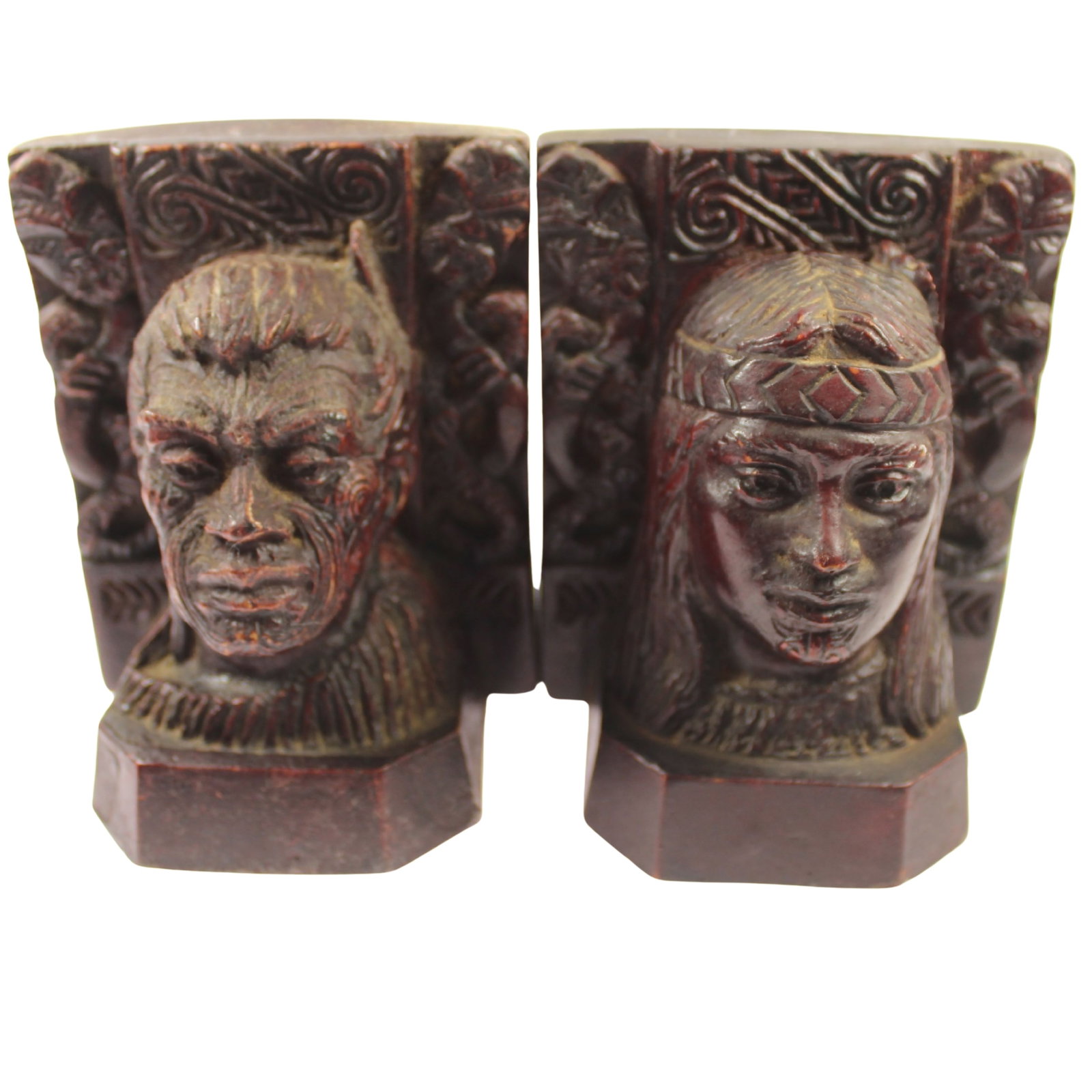 Male & Female Maori Head Bookends in pressed Resin: . Size Stand 10.5cm Medium Sculpture Exhibited Resin