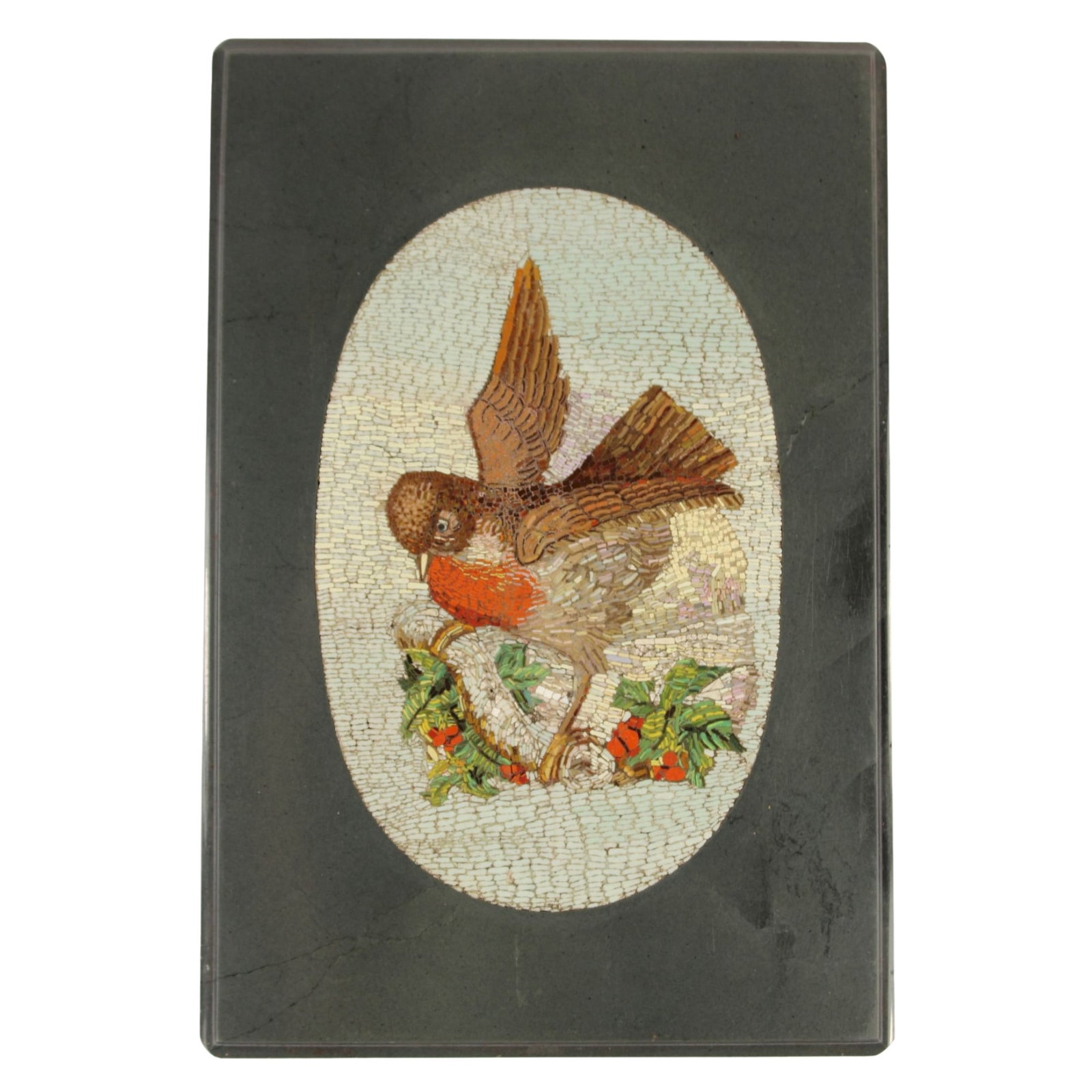 Exquisite Micro-Mosaic Tablet featuring a Robin nesting in a Holly Bush: Christmas theme Size 13.5x9cms Medium General