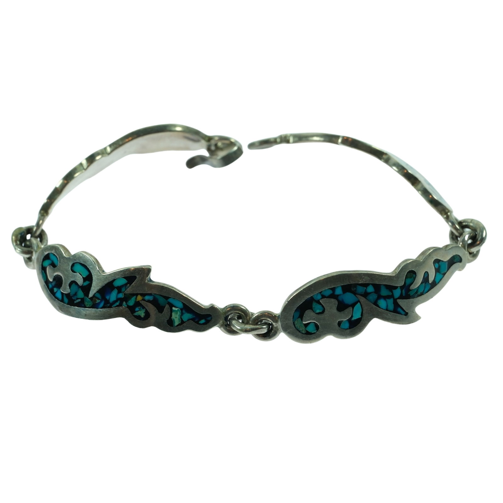 Mexican Native-style Bracelet in Sterling (925) Silver inset with Turquoise Chips: . Size Weight 25.36gms : Open length 19cms Medium Bracelets Exhibited General